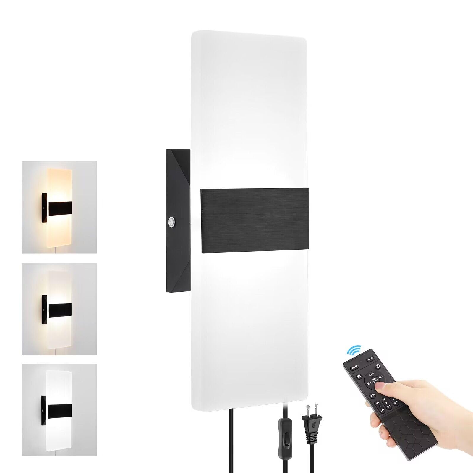 Goodate 12W Plug-In Wall Sconce, Adjustable 3000K-6500K Led Light With Remote, Black