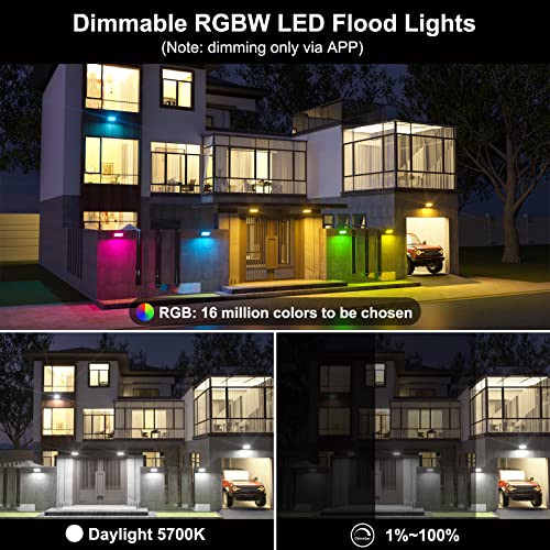 Flood Lights Outdoor Rgb, 500W Equivalent Smart Color Change & Daylight 5700K Landscape Light, Ip66 Waterproof Patio Lights Via App Control, Indoor Ambient Lighting, Diy Scenes/Music Sync/Timing-4Pack