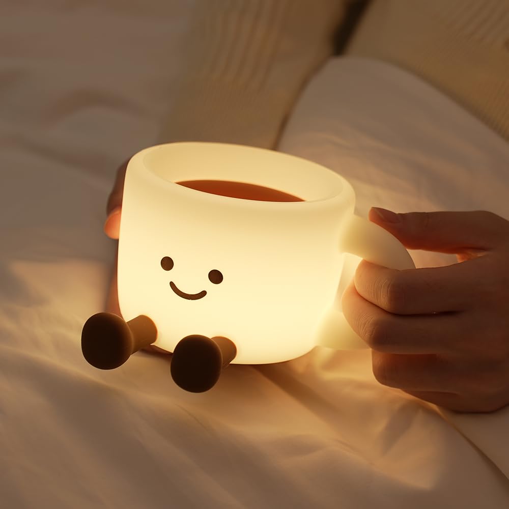 QANYI Coffee Cup Night Light, Gifts for Coffee Lovers, Rechargeable Dimmable Color Changing Night Lamp, Soft Silicone Cute Desk 