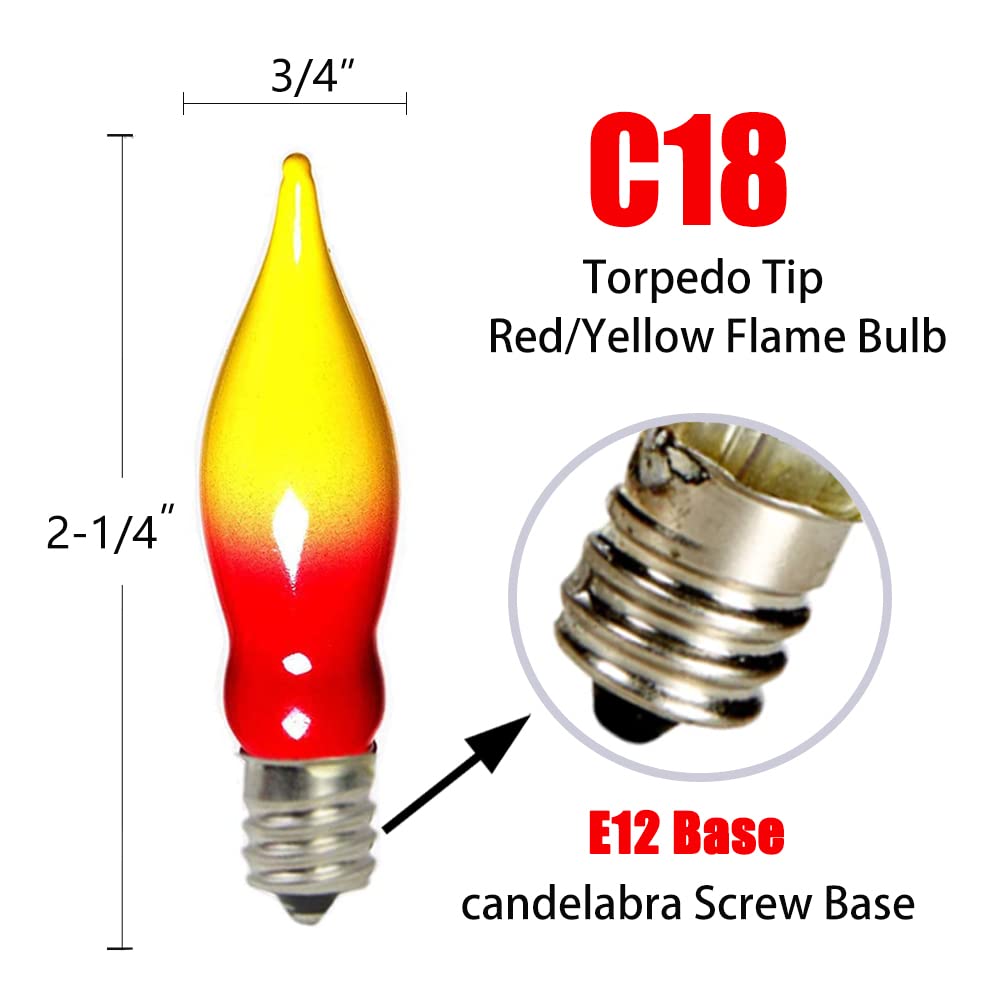 Doratale 12 Pack Flame Tip Light Bulbs, Red/Yellow, C18 7W Candelabra Base, Outdoor String Lights