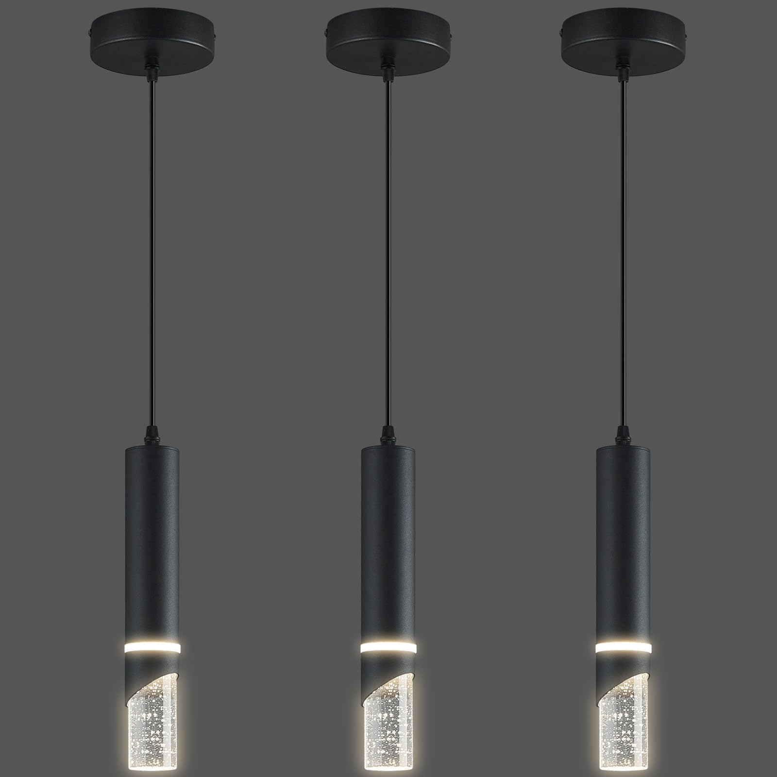 LIANGMH Modern Dimmable Led Pendant Lights Kitchen Island  Ideal for Living Room  Bedroom Sink 6w LED Crystal Energy-Saving Hanging Lamp for Cozy Lighting (Black 3-Pack)