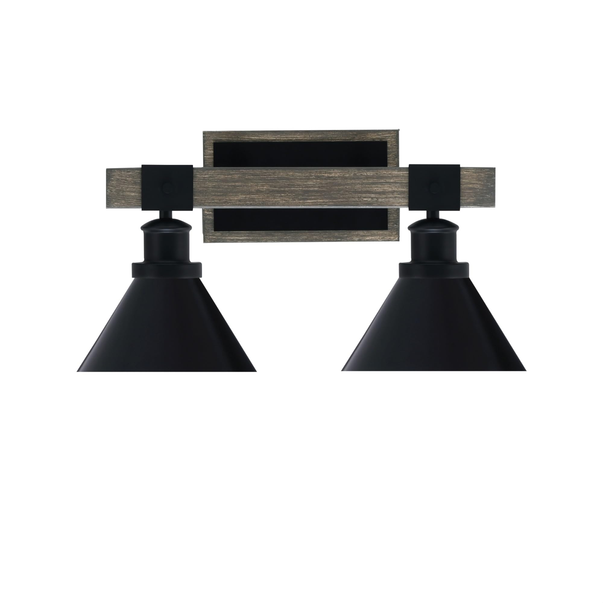 Toltec Lighting Tacoma 2 Light Bath Bar - Matte Black & Distressed Wood-Look Metal, 7in Cone Shades