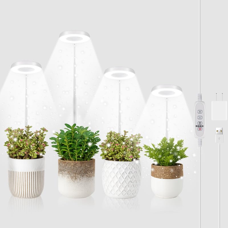 GYTF Halo Plant Grow Light  6000K White LED Full Spectrum Growing Lamp for Indoor Plants  Succulents  Mini Bonsai  Small Plants  Height Adjustable  Dimmable & Timer 4/8/12/18Hrs 4 Pack