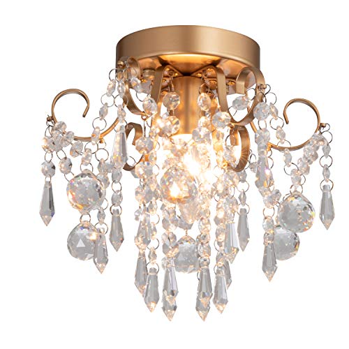 Q&S Mini Chandelier - Gold Crystal Ceiling Light Fixture For Entryway, Bedroom, Bathroom, Hallway