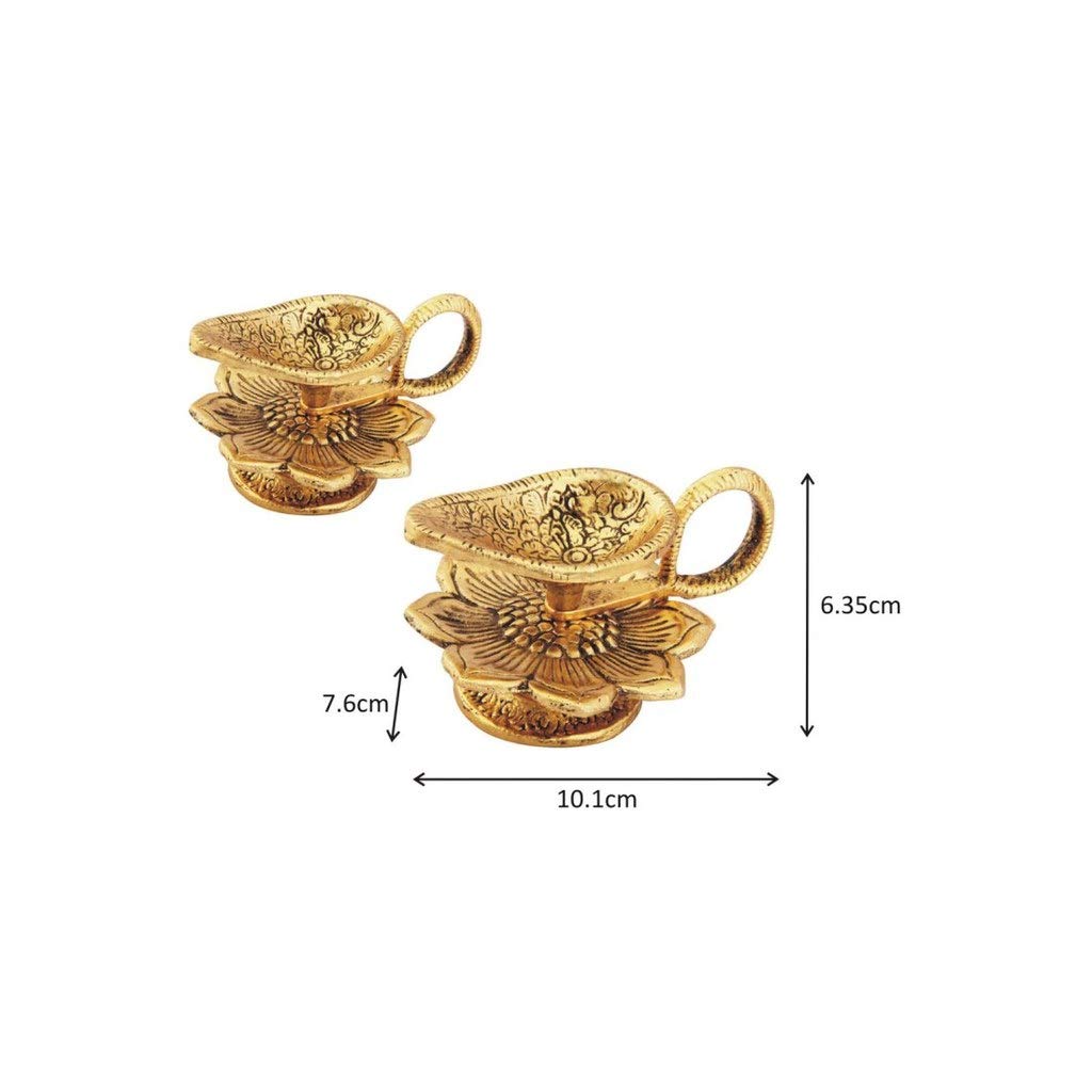 Handicrafts Paradise Antique Gold Plated Metal Diya Pair, 3X3 Inches, Golden, Model Oxm18145