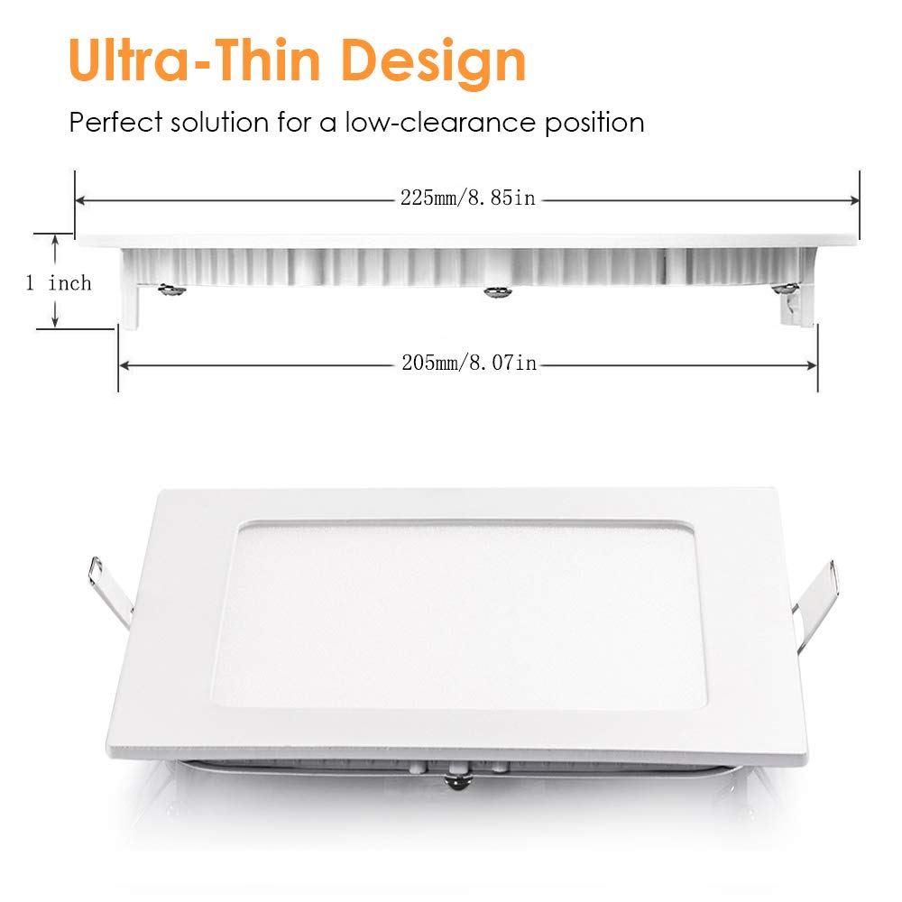Sayhon 8 Inch Ultra-Thin Square Recessed Lighting With Junction Box,18W 6000K White,Low Profile Ceiling Light Kit Downlight For Office/Commercial Lighting/Kitchen/Hallway