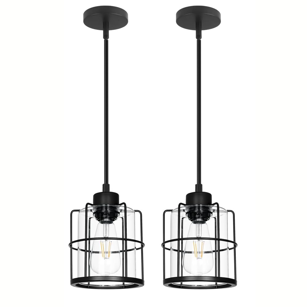 Farmhouse Pendant Lights Kitchen Island Set Of 2  Black Kitchen Island Lighting With Adjustable Rods  Industrial Cage Bathroom Pendant Lights With Clear Glass For Dining Room Hallway Sink