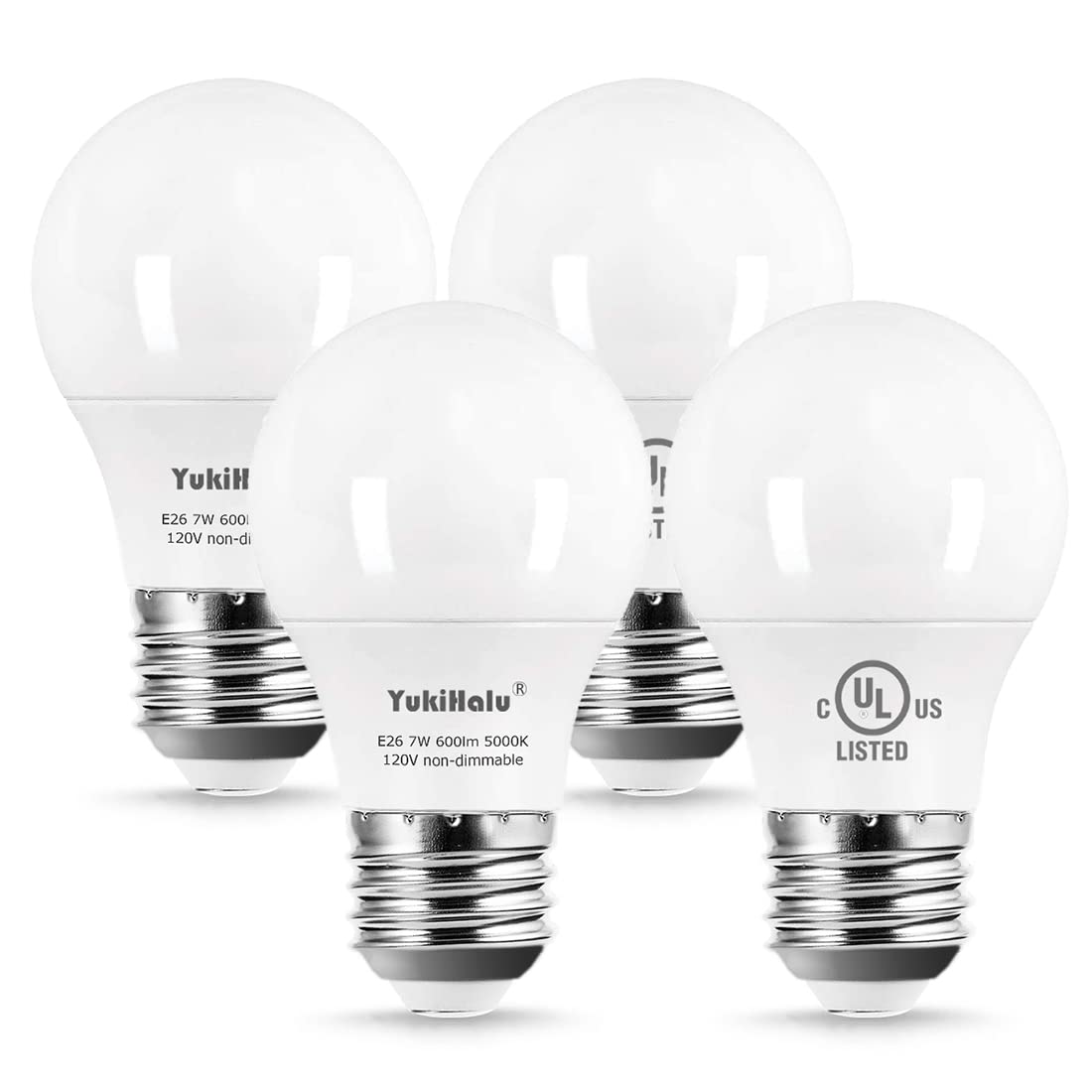 YukiHalu A15 LED Light Bulbs 60W Equivalent E26 Base 7W 600 Lumens Pack of 4 5000K Daylight White UL Listed Not Dimmable