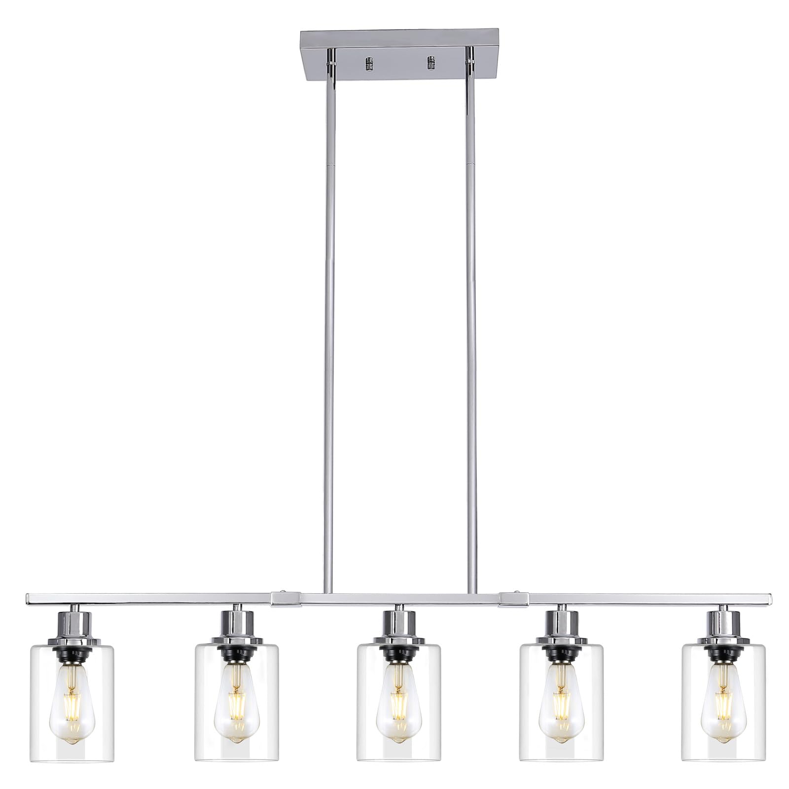 3WWWUEE 39.4 Kitchen Island Lighting, 5 Lights Clear Glass Pendant Light Fixtue, Chrome Linear Metal Chandelier for Dining&Livin