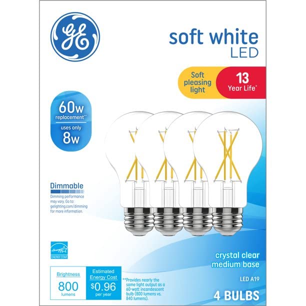 GE A19 Clear Dimmable General Purpose LED Light Bulb, 60W Replacement, Soft White, 4-Pack