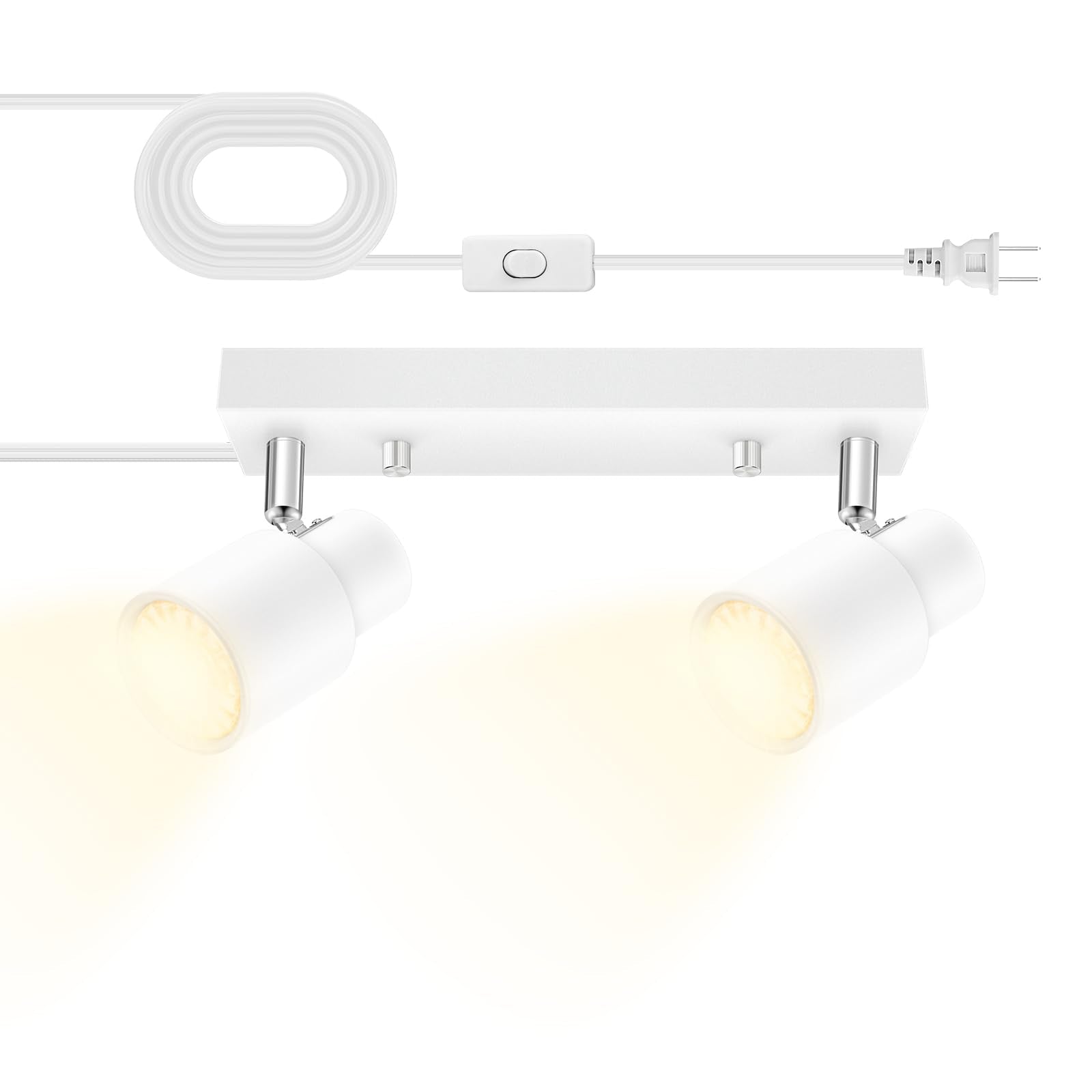 Plug In Track Lighting Fixtures Ceiling, White Track Light Led, 2-Light Track Lights With Cord, 2 Way Ceiling Spotlight, Rocker Switch, Rotatable Wall Mount Light For Kitchen/Bedroom,Bulb Not Included
