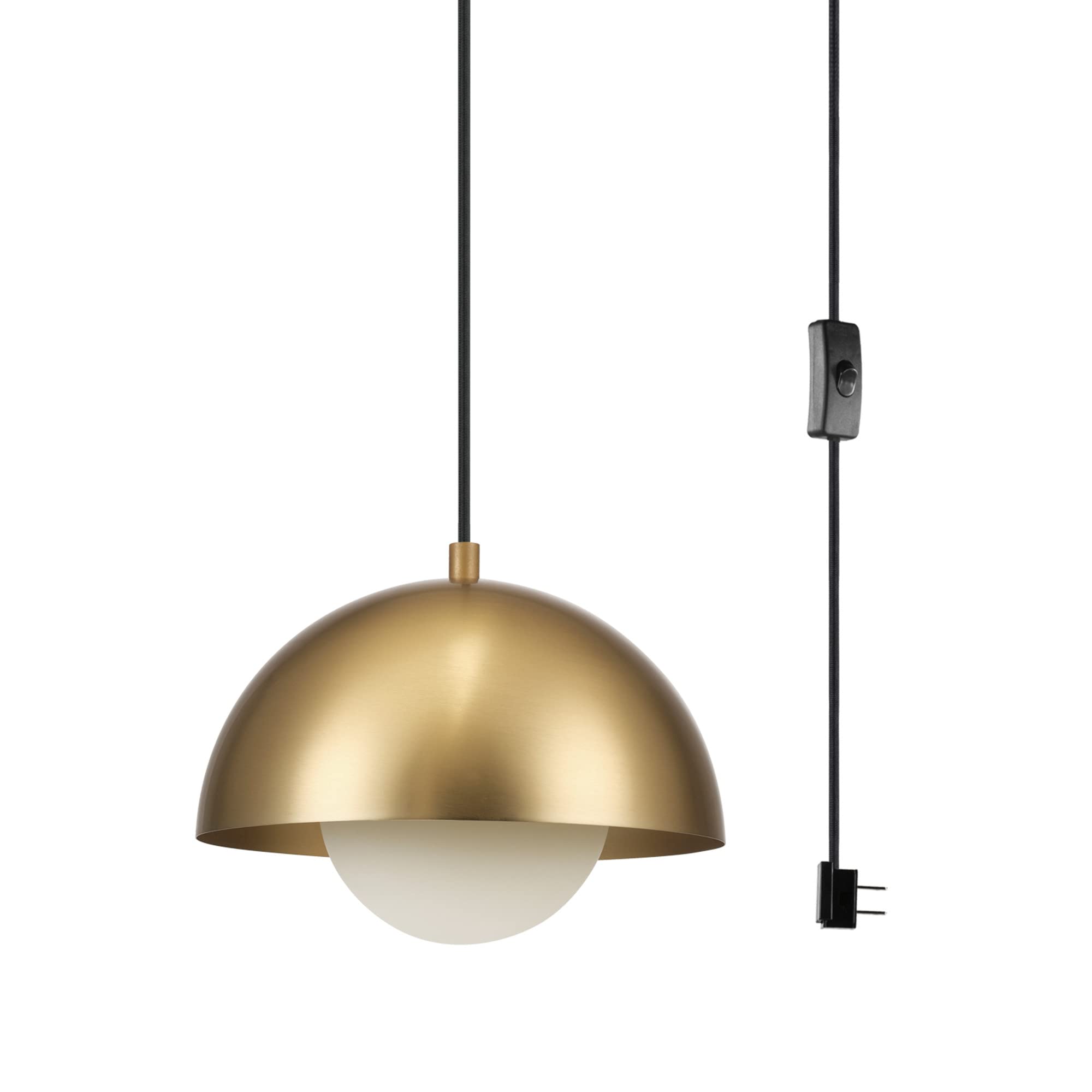Globe Electric 1-Light Plug-in Pendant Light, Matte Brass Finish, Frosted Glass Shade, 15-Ft Braided Cord, Retro Modern Lighting