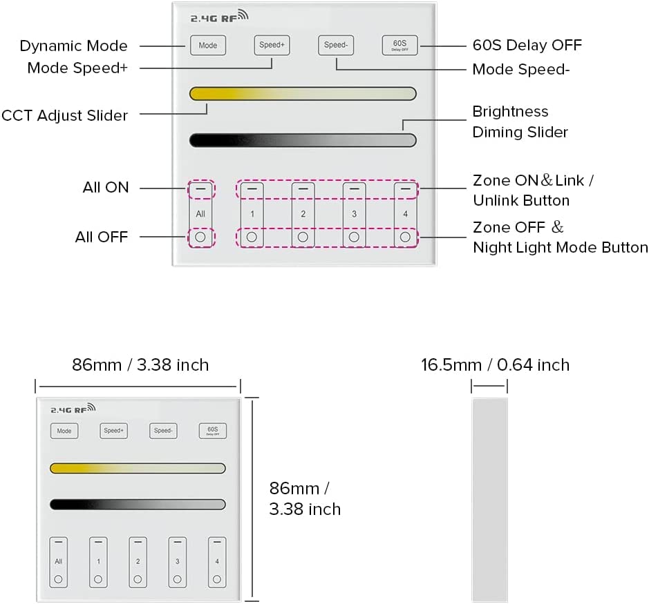 BTF-LIGHTING WR02RF Wireless 2.4G RF LED Strip Smart Panel Remote, CCT Color Temperature, Wall Mounted, White, Powered by 2XAAA Batteries