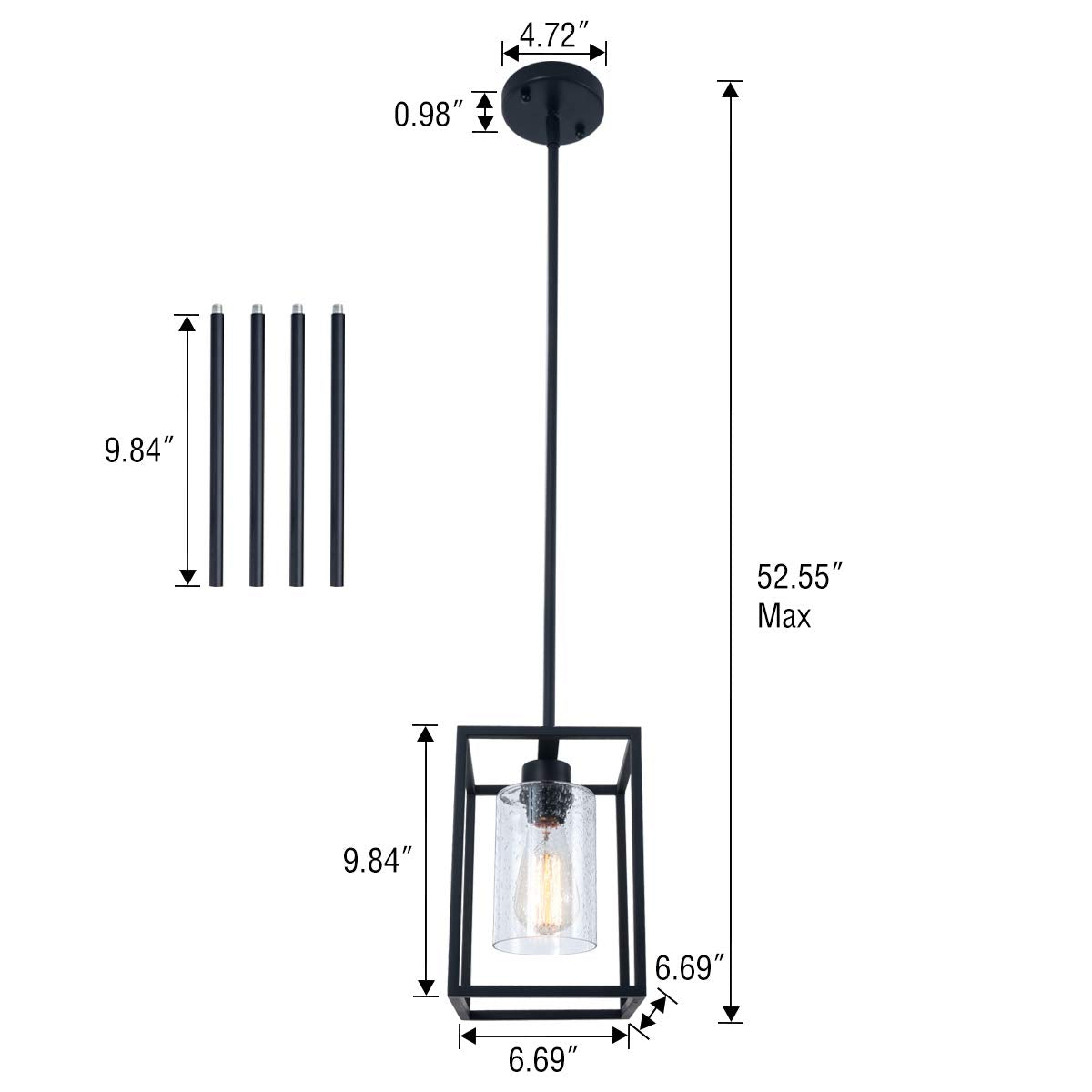 Viluxy Black Pendant Lights Kitchen Island Farmhouse Seeded Glass 1-Light Dining Room Pendant Lamp Fixtures Metal Cage Hanging L