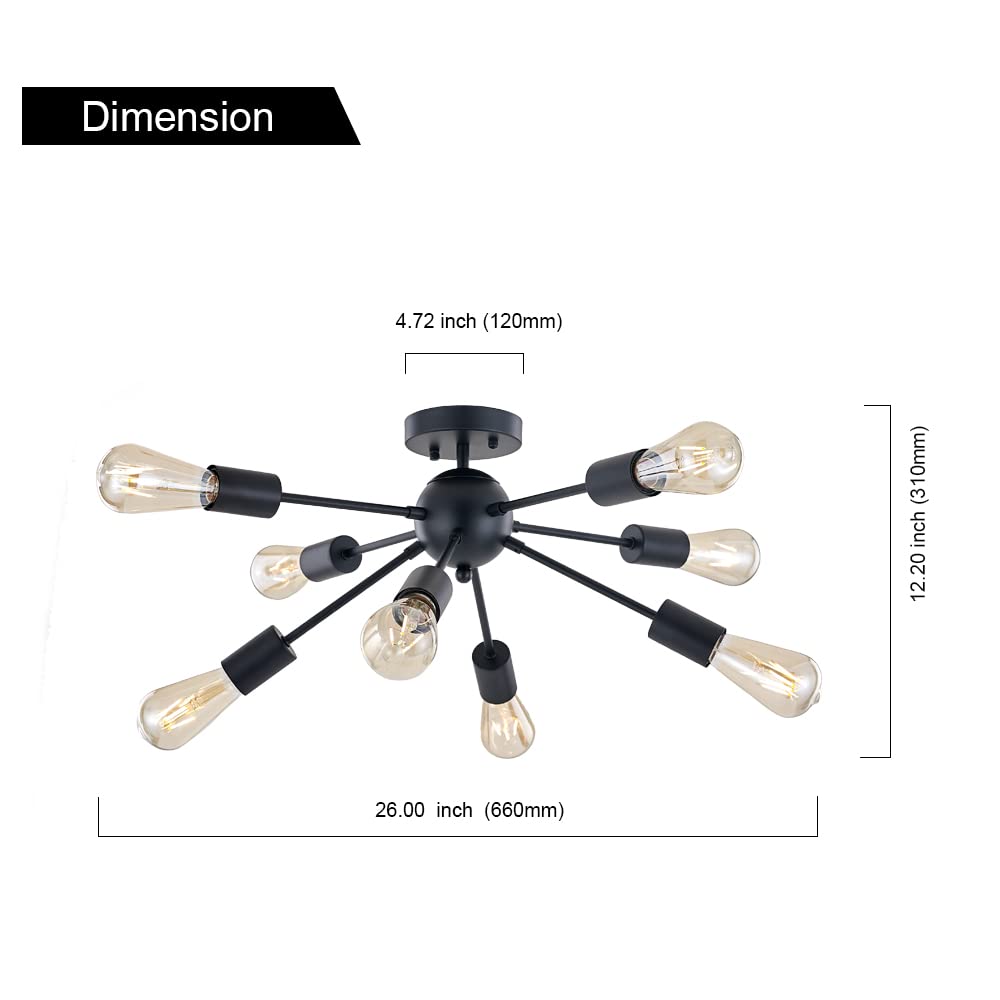 BONLICHT 8 Light Sputnik Chandelier Black Metal Semi Flush Mount Ceiling Light for Bedroom Dining Room Kitchen Foyer Model BONLICHT-8SFDMB
