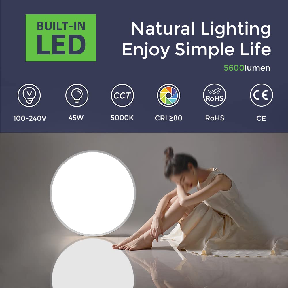 Lightingwill 24 Inch Led Flush Mount Ceiling Light Fixture, 5000K Daylight White, 5600Lm, 45W, Flat Modern Round Lighting Fixtur