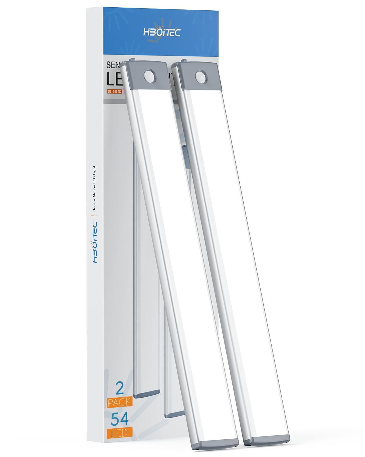 Hiboitec Led Motion Sensor Cabinet Light, 54 Leds, Rechargeable, Wireless, 2 Packs, White