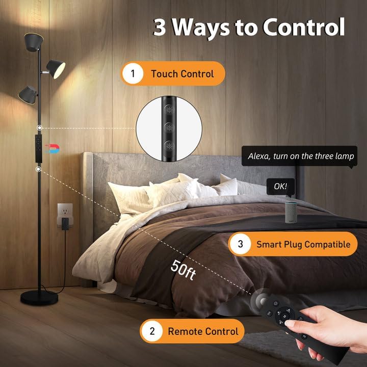 Mixinlei LED Tree Floor Lamp, 42W 4200 Lumens, Remote & Touch Control, 3 Lights, 4 Color Temps, Black, MXL-Three Light