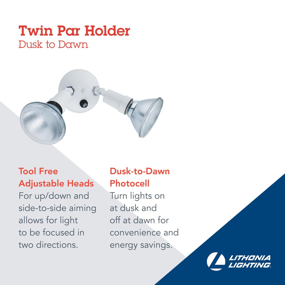Lithonia Lighting Adjustable Twin Par Outdoor Flood Light Holder, 120V, Photocell Dusk to Dawn, White, Aluminum, Model OFTH 300PR 120 P WH-M12