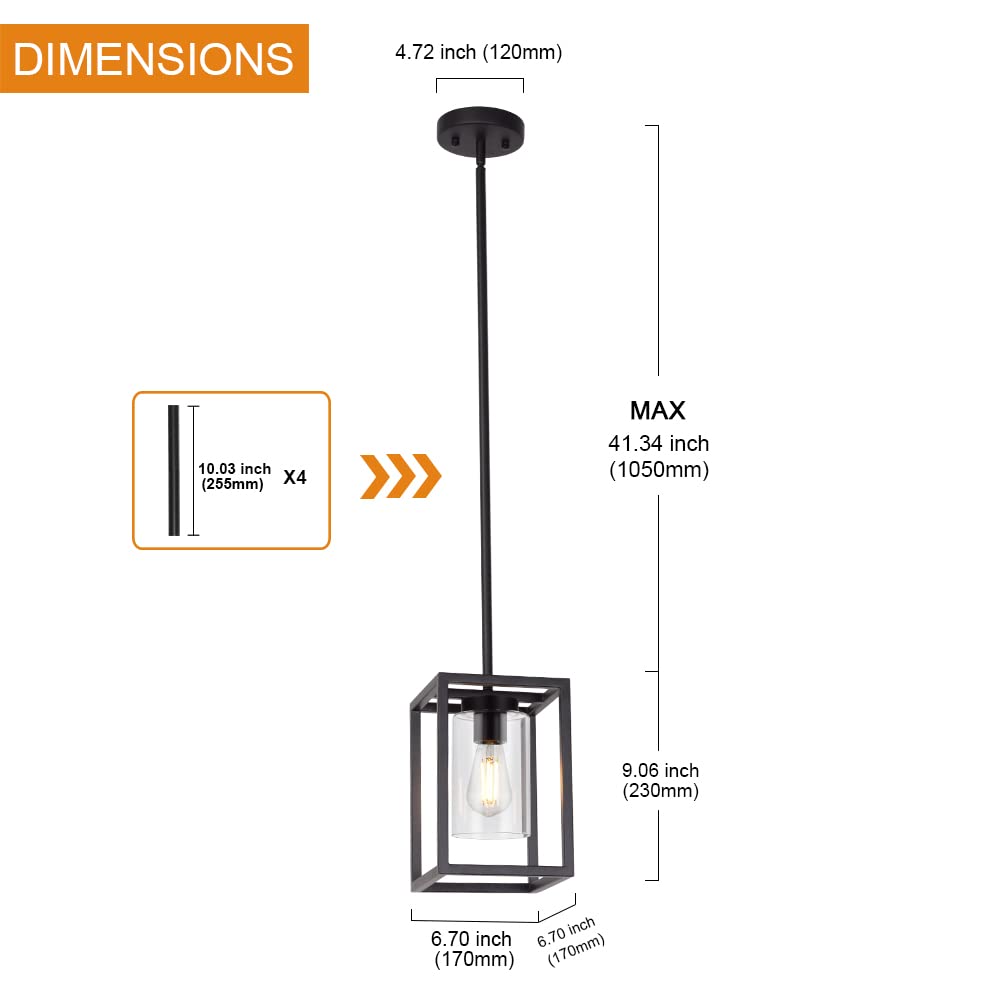 Vinluz 1 Light Farmhouse Pendant Lighting Black Cage Chandelier Glass Shade Contemporary Modern Kitchen Island Lights Fixtures C