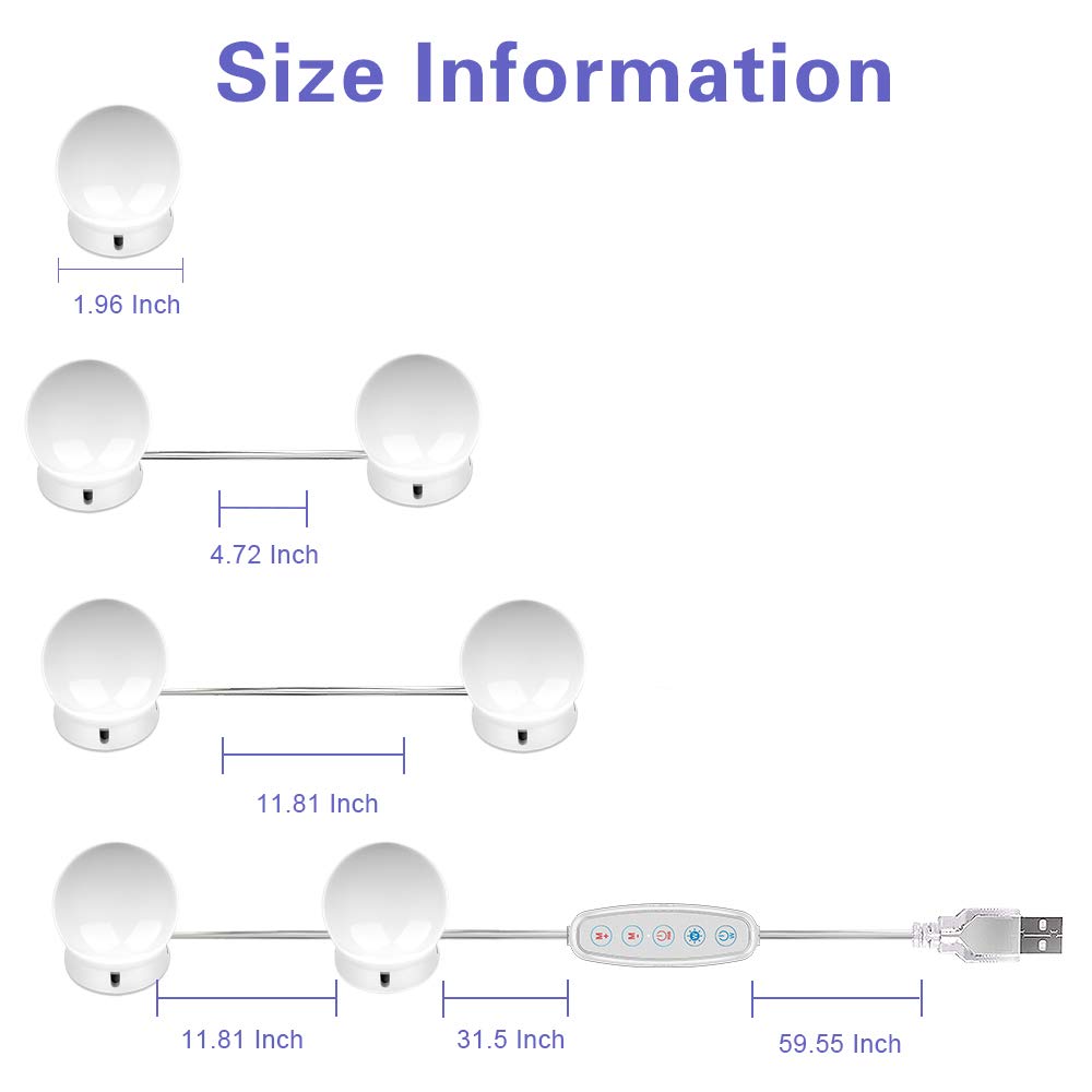 SICCOO Hollywood Style LED Makeup Vanity Lights, 14 Dimmable Bulbs, USB, White, CW-14 Model