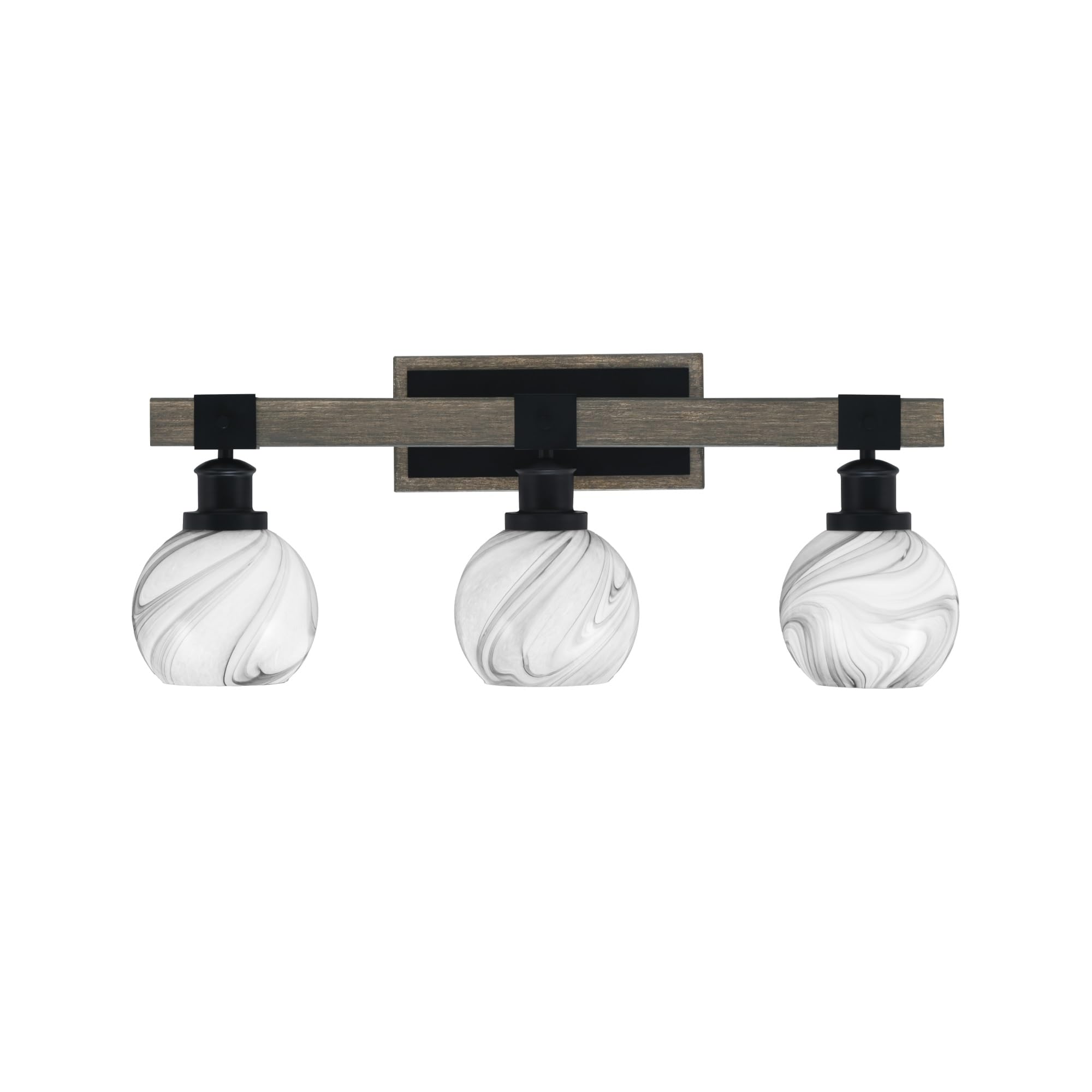 Toltec Lighting Tacoma 3 Light Bath Bar - Matte Black, Distressed Wood-Look Metal, 5.75in Onyx Swirl Glass