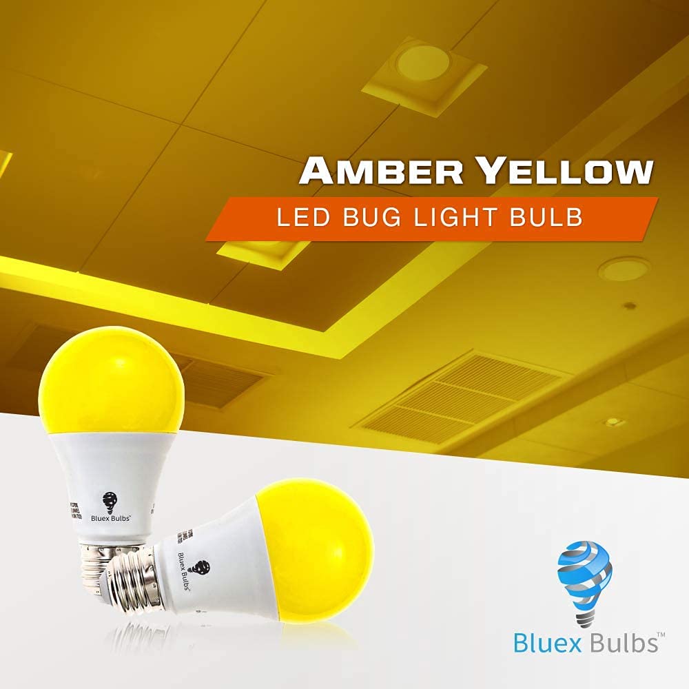 Bluex 4-Pack A19 Amber Yellow Led Bug Light Bulb - No Blue Light, 650 Lumens, 120V E26 Medium Base, 9.5-Watt (60-Watt Replacemen