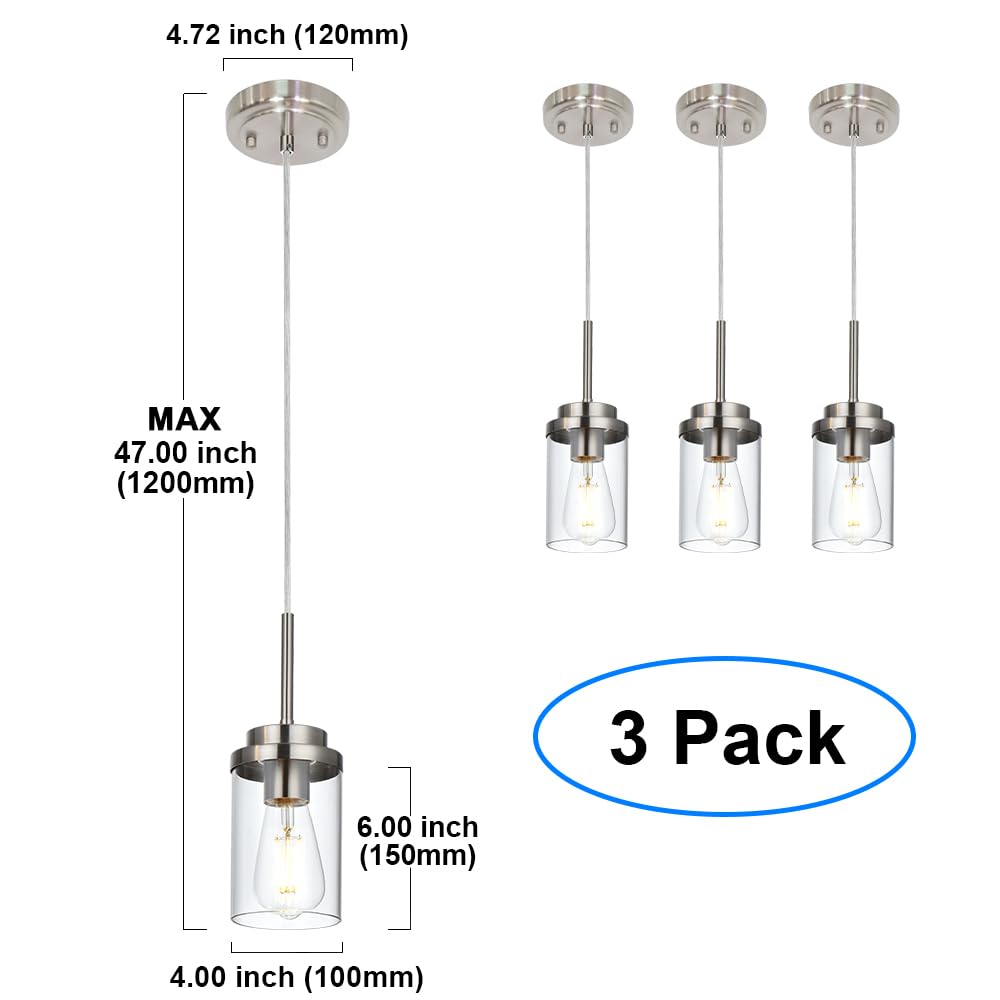 MELUCEE 3 Pack Brushed Nickel Pendant Lights, Adjustable Clear Glass Shade, Modern Ceiling Lamp for Kitchen Island, Model 4-4501-3P-3SN