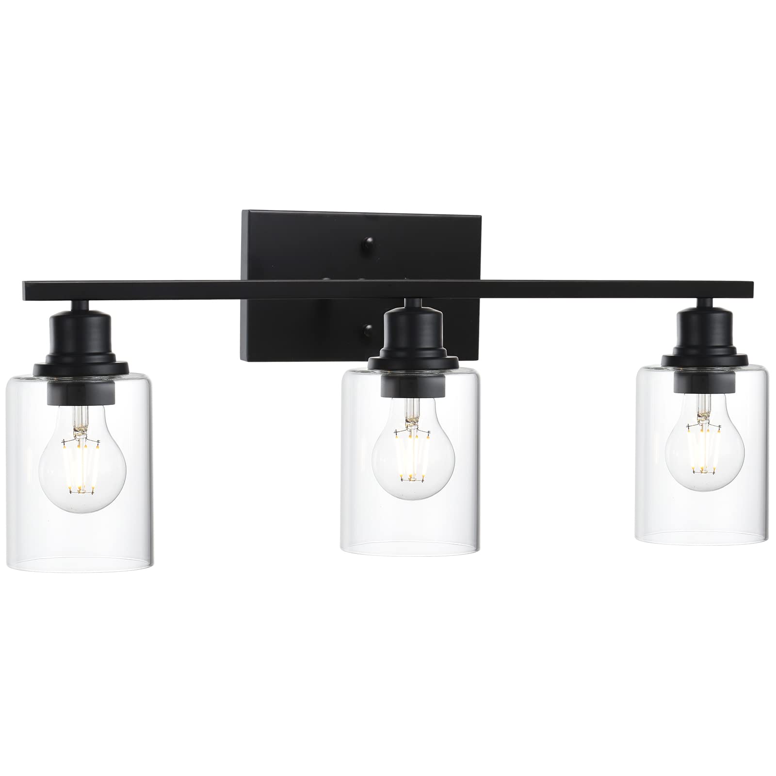 Vinluz Matte Black Vanity Light For Bathroom 3 Light Farmhouse Indoor Bathroom Lighting Fixtures Over Mirror With Clear Glass Shade For Dressing Table