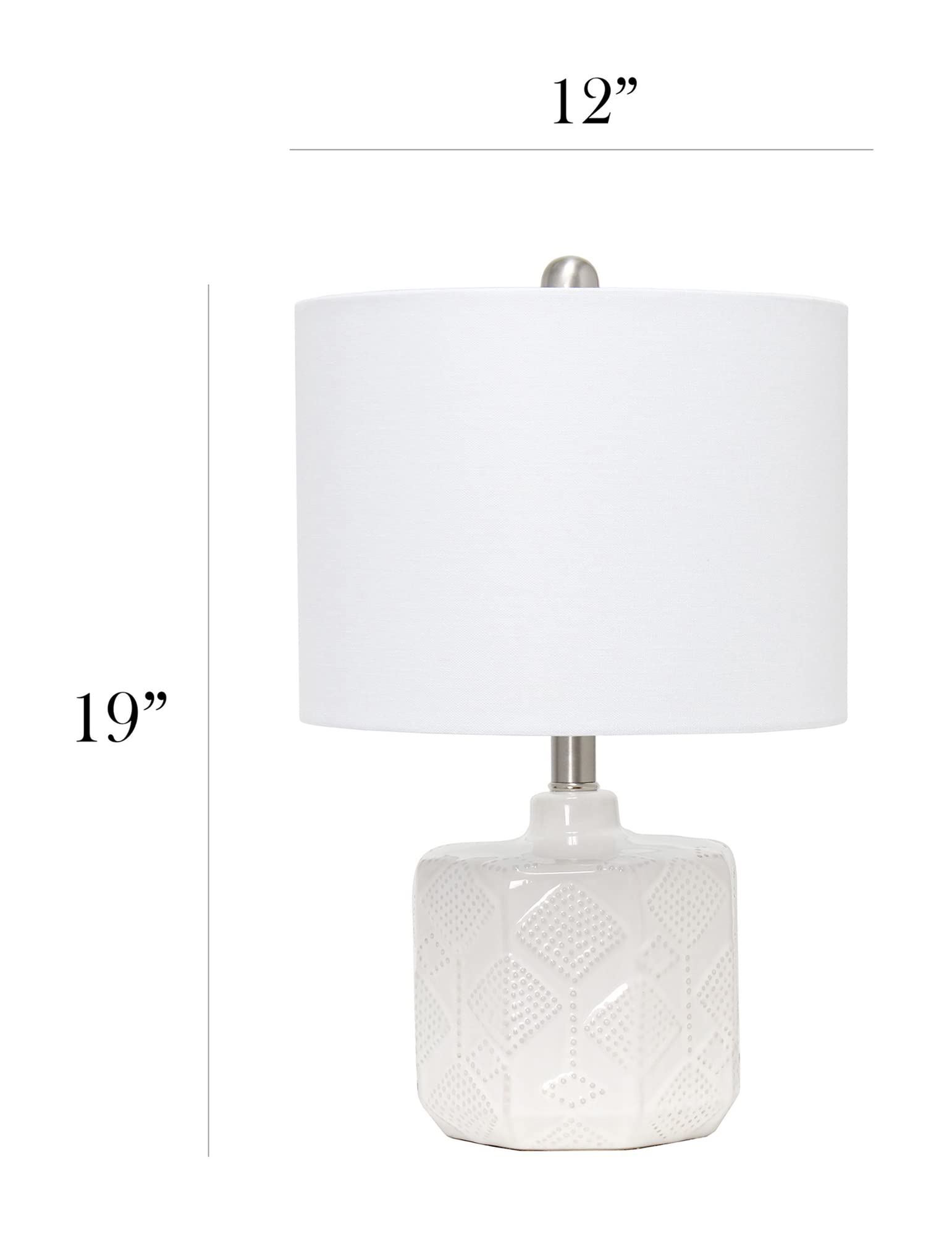 Elegant Designs Ceramic End Table Lamp, 19in Floral Textured, Off-White, Model LT2111-OFF, White Fabric Shade