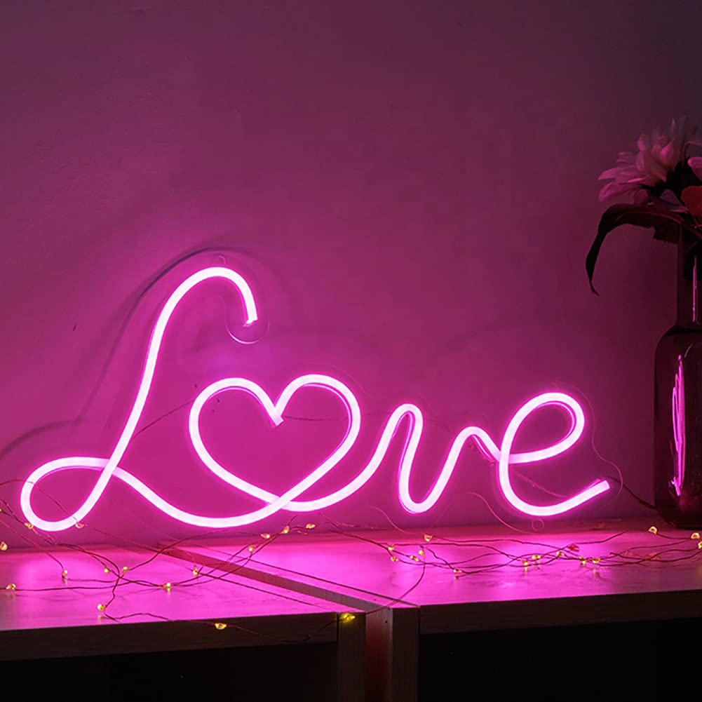 Britrio LED Neon Light Sign - Pink Love Wall Decor, USB Powered, 17inx8in, Model FSLO18P