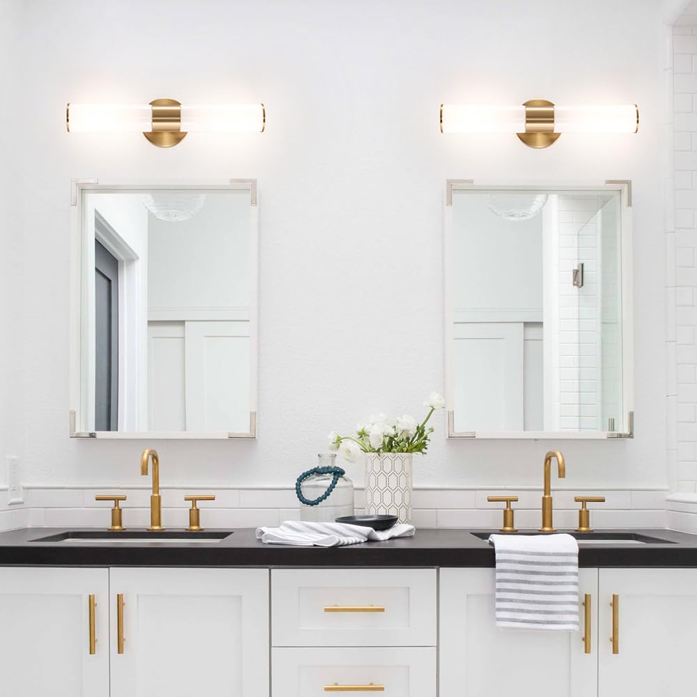 Daunton Gold Wall Sconces Set of 2, Brass with White Glass Shade, Modern Vanity Light Fixtures for Living Room, Bedroom, Hallway, Model DX23052G2-WH-