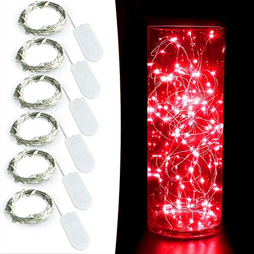 YKB Red LED Fairy String Lights, 6 Pack, 20 Mini LEDs, 3.3FT Copper Wire, Battery Powered for Holiday Decorations