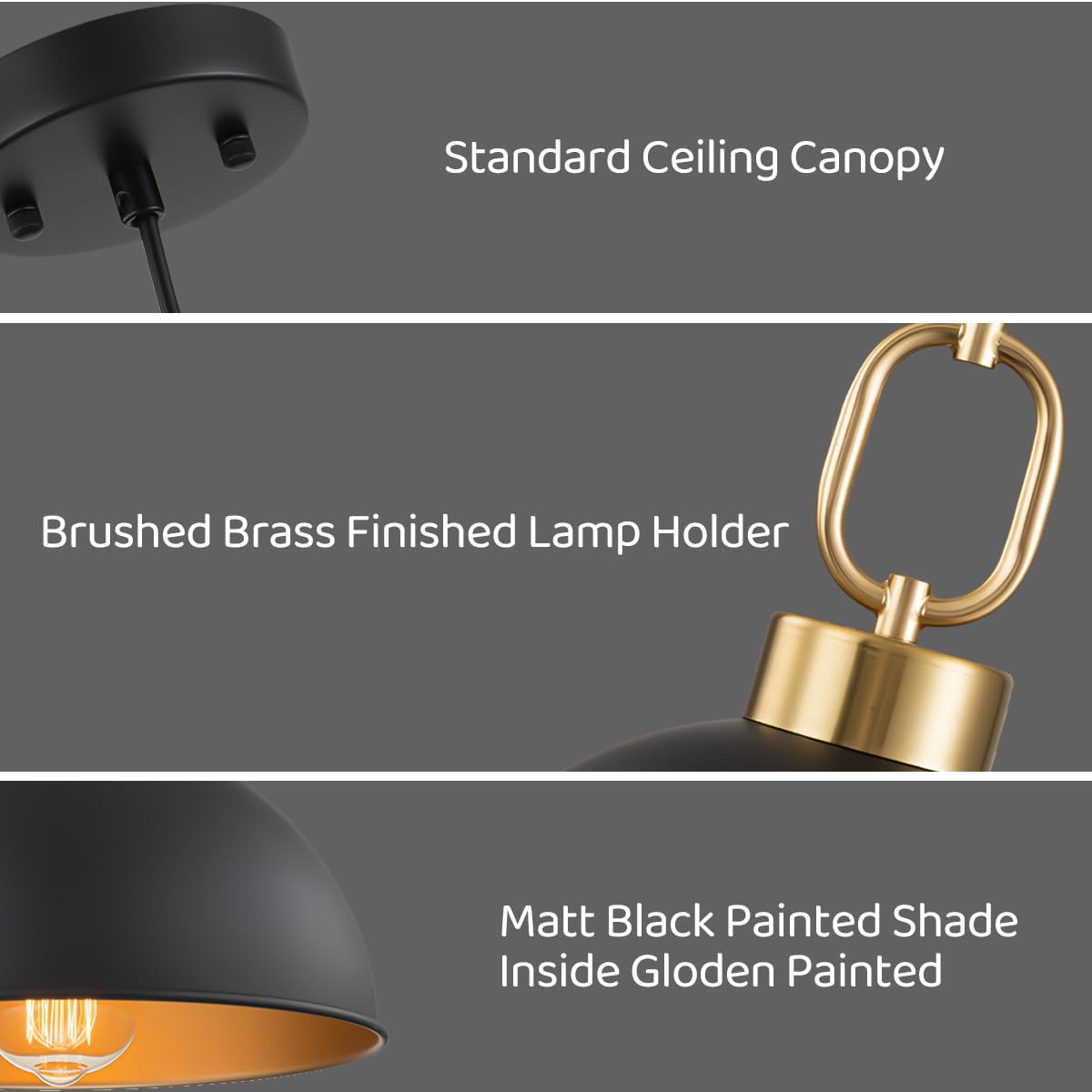 TinHon Farmhouse Pendant Light Fixture, Metal, 10.2in, Black with Gold Handle, Adjustable Height, Vintage Shade, Model ZP063PL01