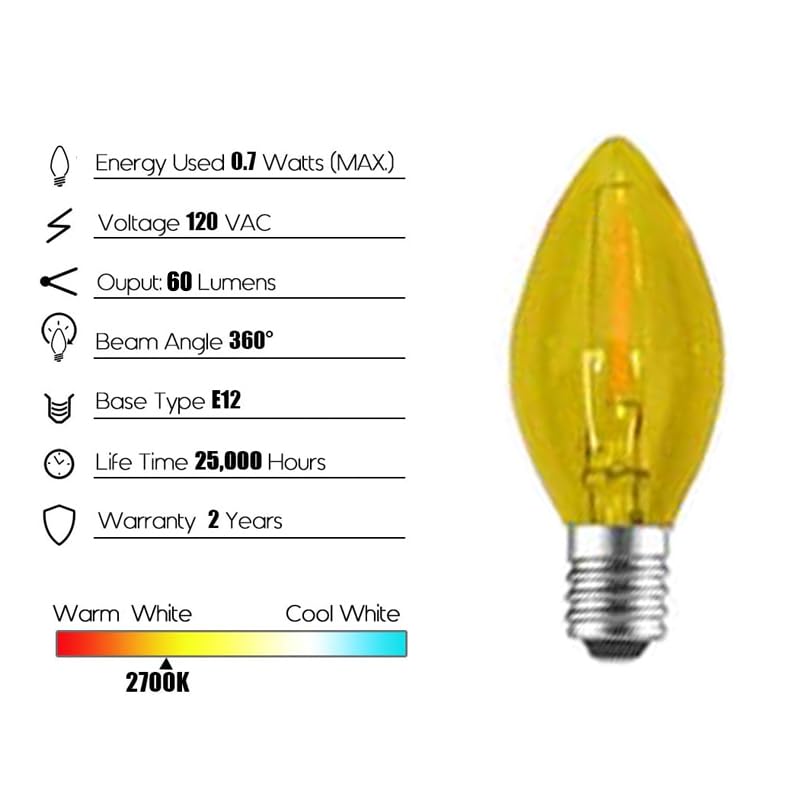 Venusop 2 Pack C7 Yellow Led Replacement Christmas Light Bulbs,E12 Candelabra Base, Shatterproof Plastic, For Christmas Outdoor