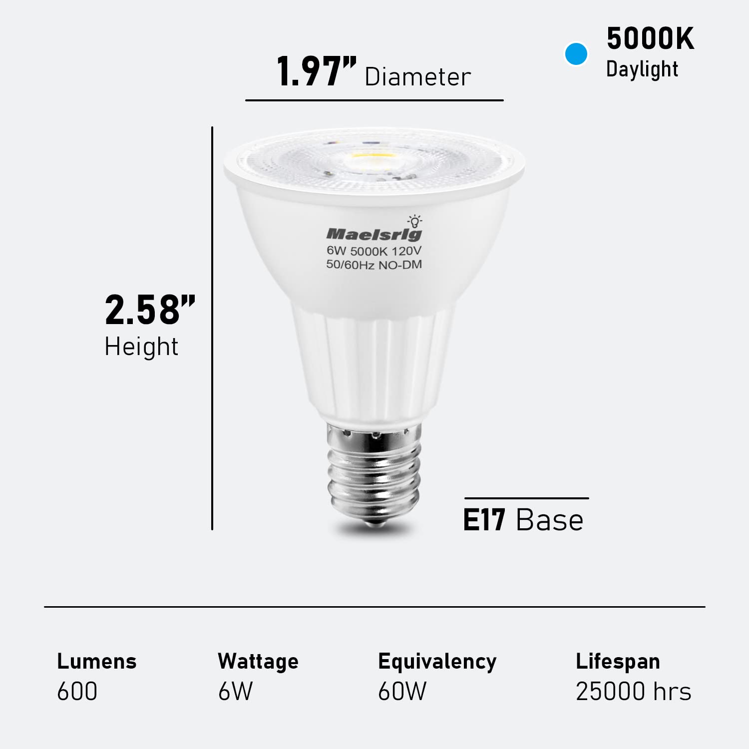 Maelsrlg E17 LED Bulb 6W, Daylight White 5000K, 600 Lumen, Intermediate Base, Pack of 2