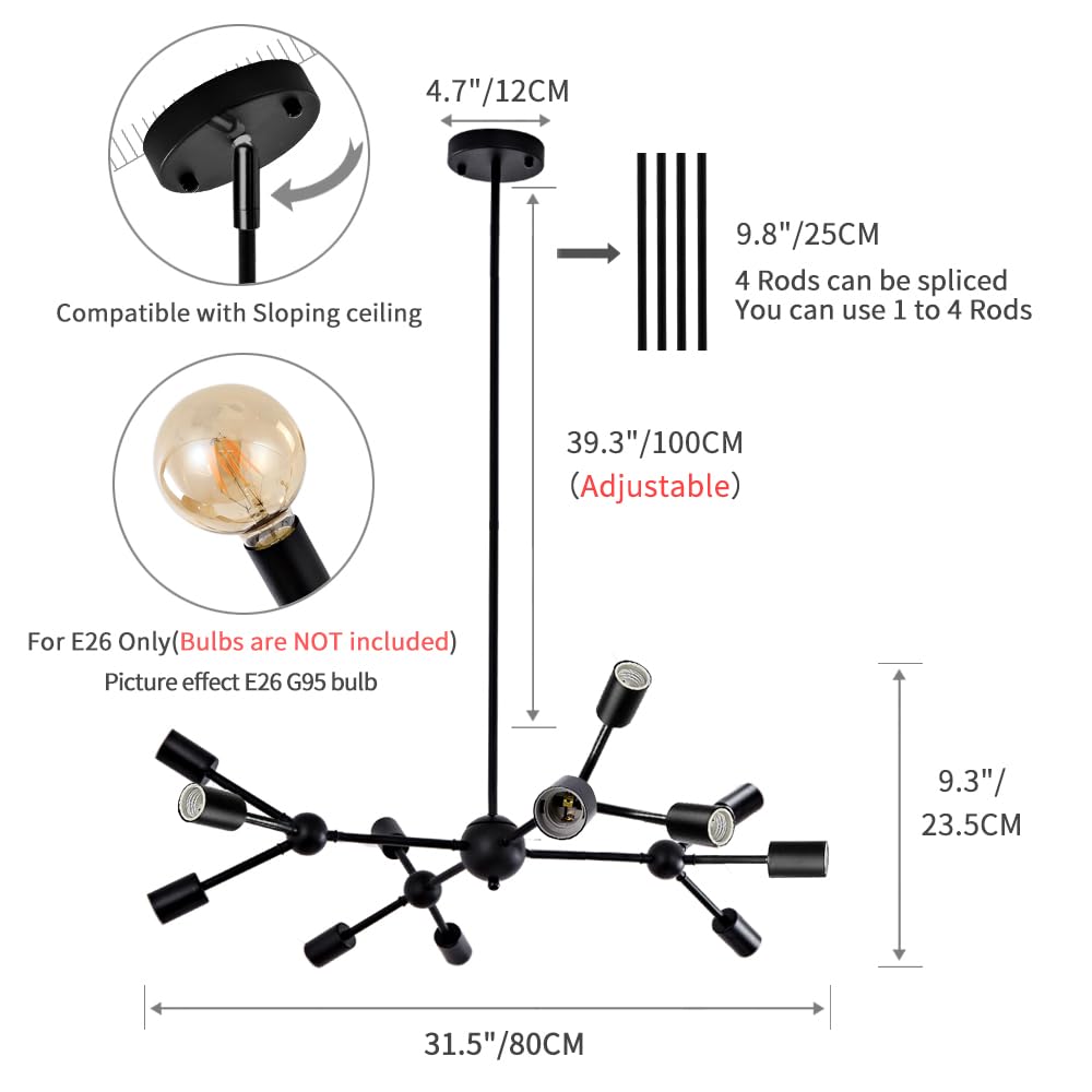 Quoobe Modern Black Sputnik Chandelier,12 Lights Metal Semi Flush Mount Ceiling Light Fixture For Bedroom Study Living Room Dini