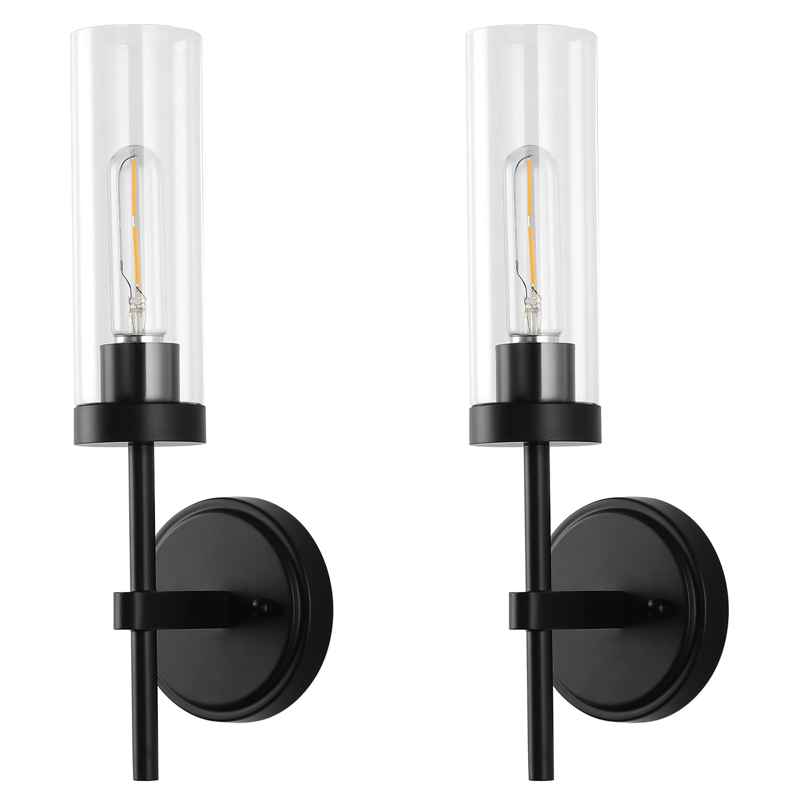 WILON Black Wall Sconces Set of 2, Metal Vanity Light Fixtures, 15.5in  Clear Glass Shades, Rustic Farmhouse Design