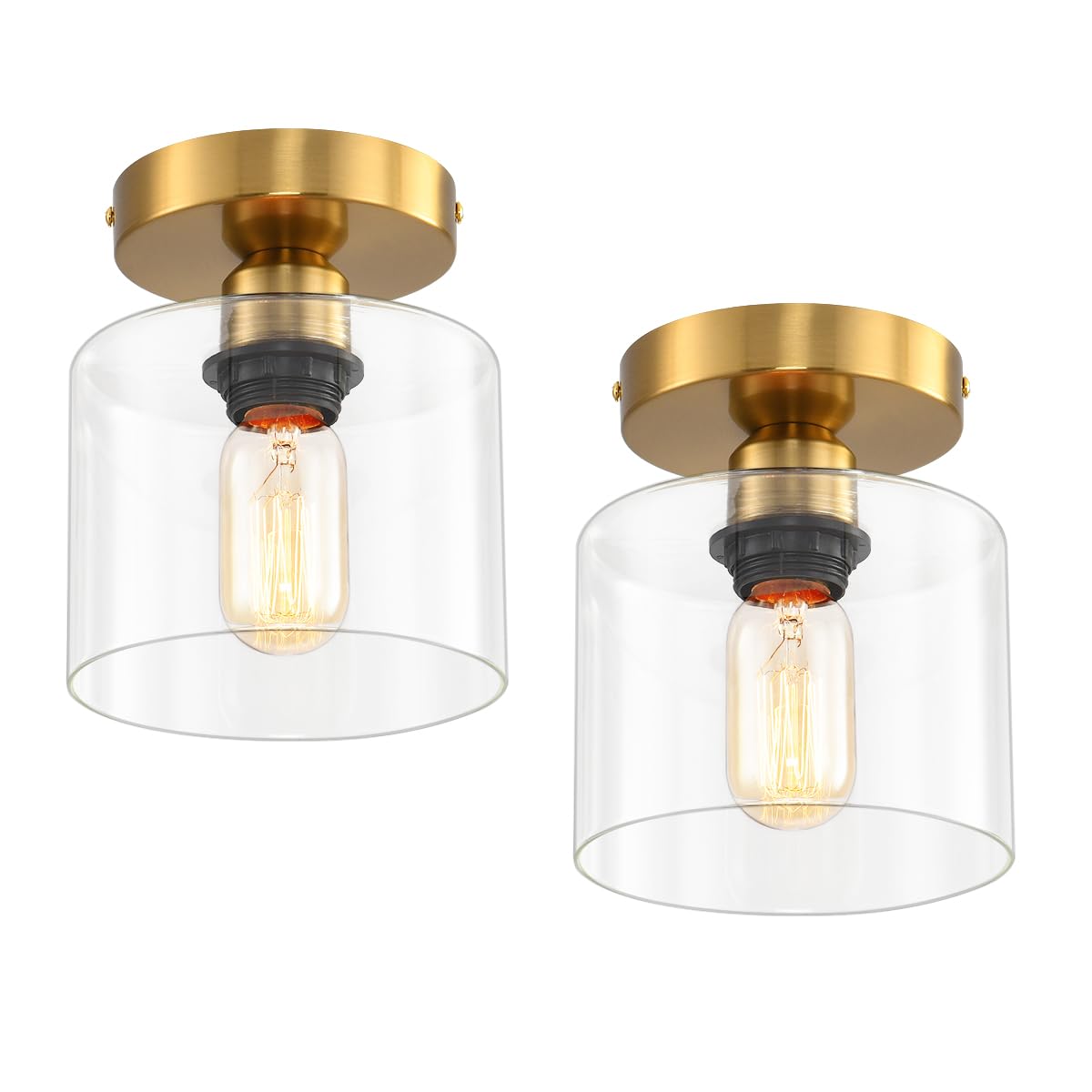 Deamakk Brass Semi Flush Mount Ceiling Light, Clear Glass Shade, 2 Pack, 5.9inch, Rustic Design