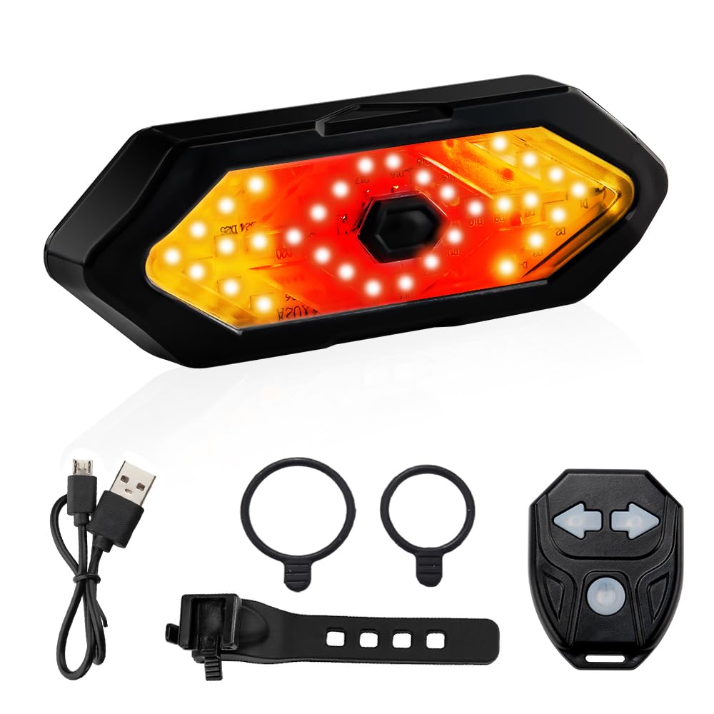 Teguangmei Bike Tail Light with Turn Signals, USB Rechargeable Rear Bike Light Wireless Remote Control with Bike Alarm, 5 Modes
