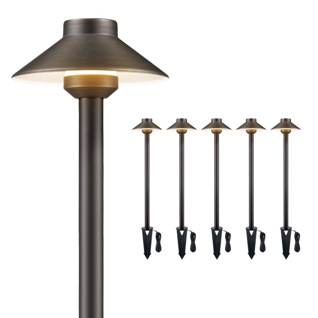 Gardenreet Brass Low Voltage Pathway Lights - 12V Landscape Path Lights Wired, Led Walkway Light Waterproof Ip65, Hat Shaped ?Classic Bronze For Outdoor Entrance Garden G4 Bulb Not Included (6 Pack)