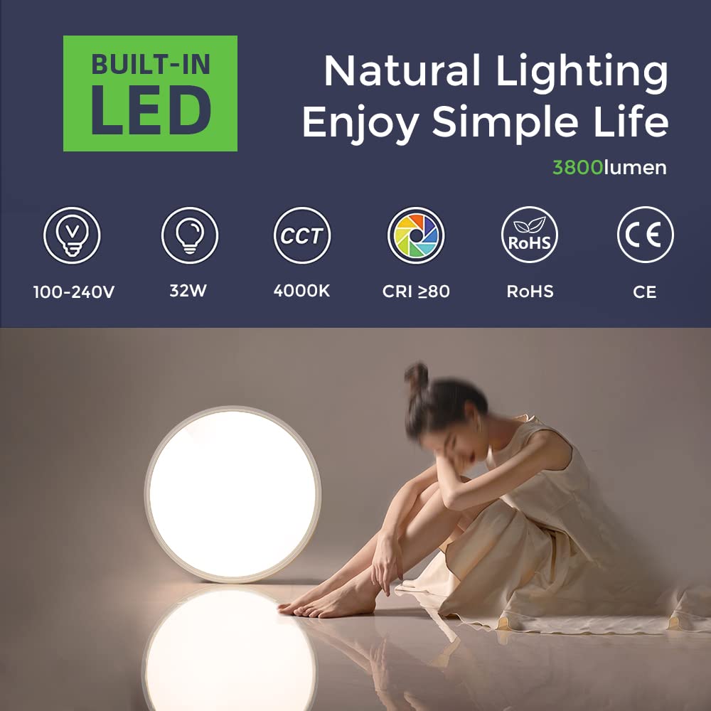 LightingWill LED Ceiling Light Fixture 15.7 Inch, 32W, 4000K Natural White, Modern Flat Round Design for Bedrooms, Hallway