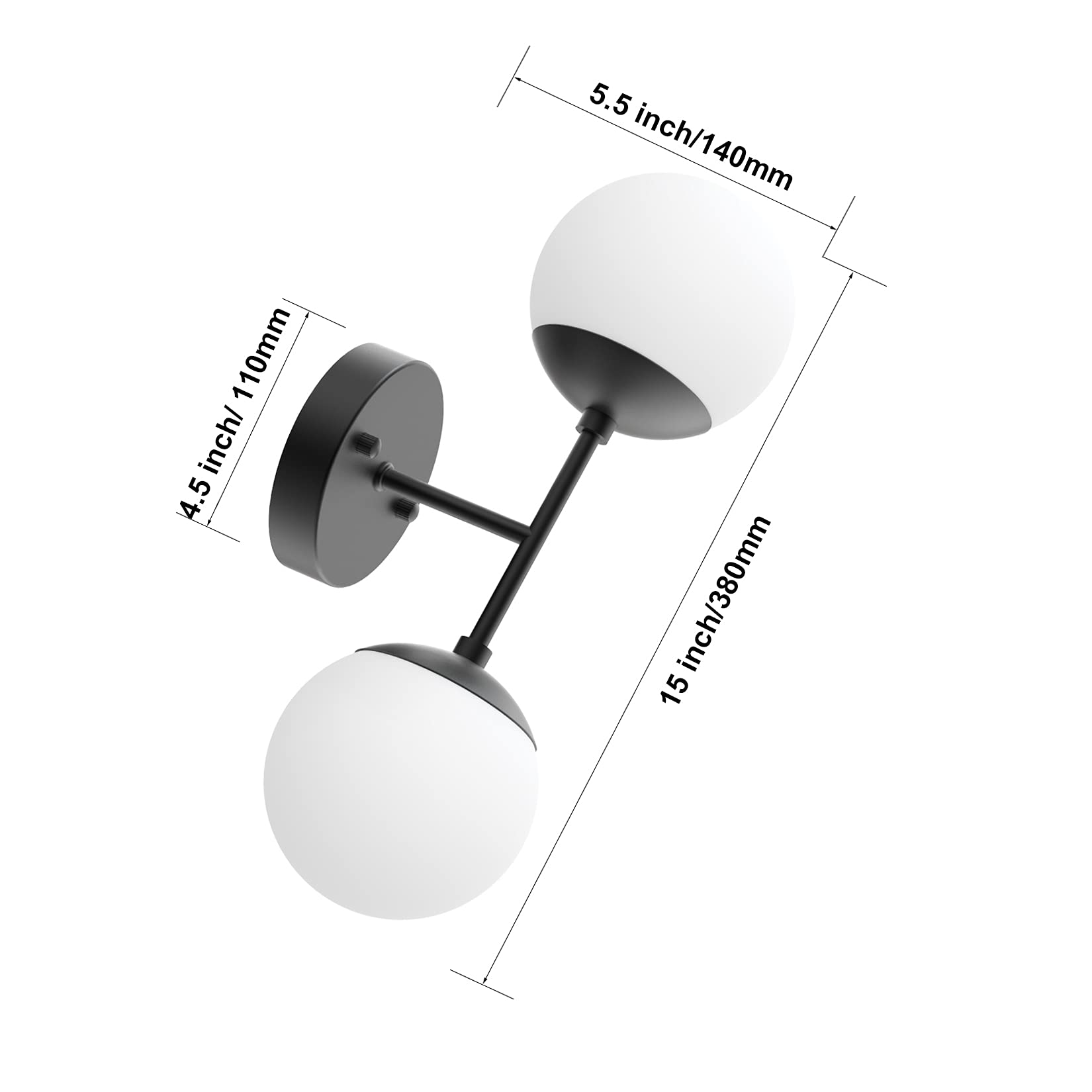 Tipace Black Wall Sconce Light, Modern Globe Design, 2 Lights, 6000K Bulbs Included, Ideal for Living Room, Restaurant, Bathroom