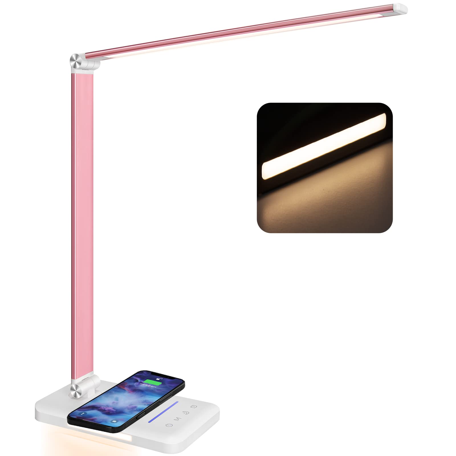 JOSTIC LED Desk Lamp with Wireless Charger, 10 Brightness & 5 Color Modes, Touch Control, Pink-10w Upg, Model EK009A