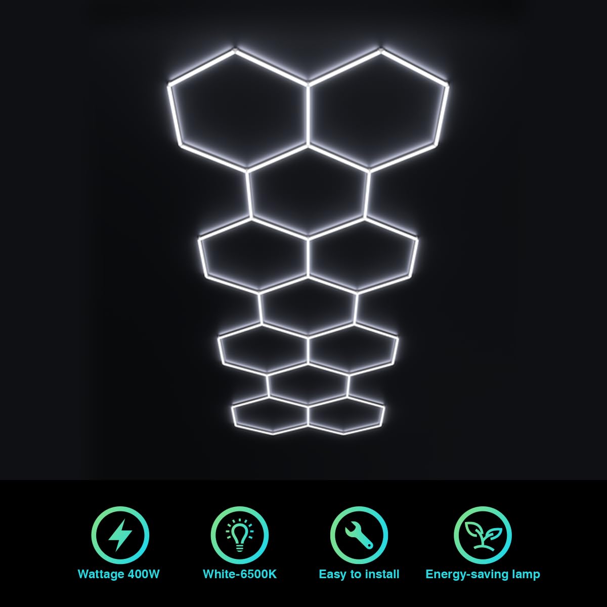 Cezelux Hexagon Led Lights Garage Light,11 Honeycomb 50Packs Tubes 6500K 400W 5.2X1.65M, Hexagon Ceiling Light For Gym Basement Warehouse Auto Beauty Shop Car Detailing Salon (Hexagon-11)