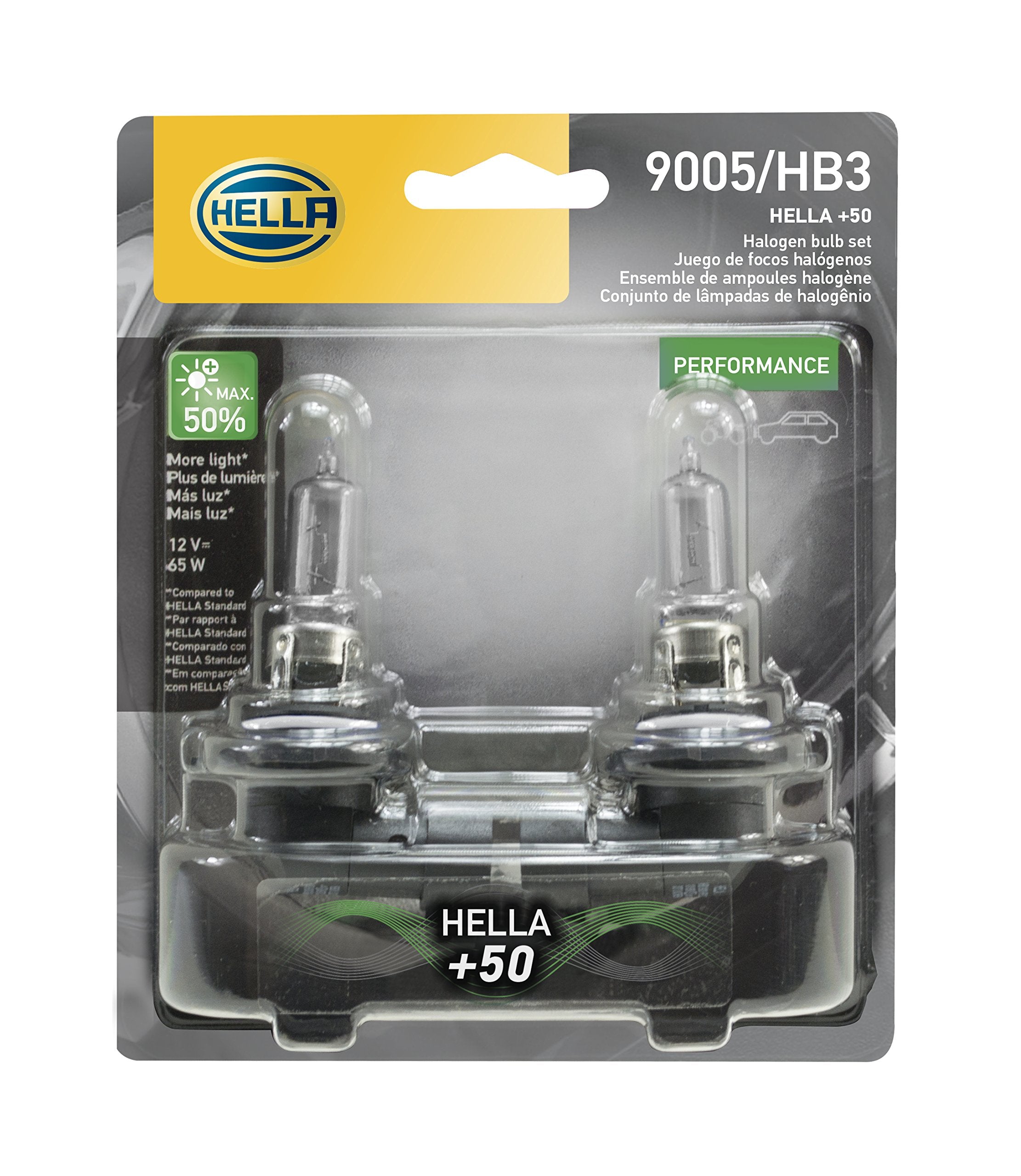 Hella 9005P50TB Twin Blister Performance Bulb, 12V 65W, +50% Brightness, Silver, 2 Pack