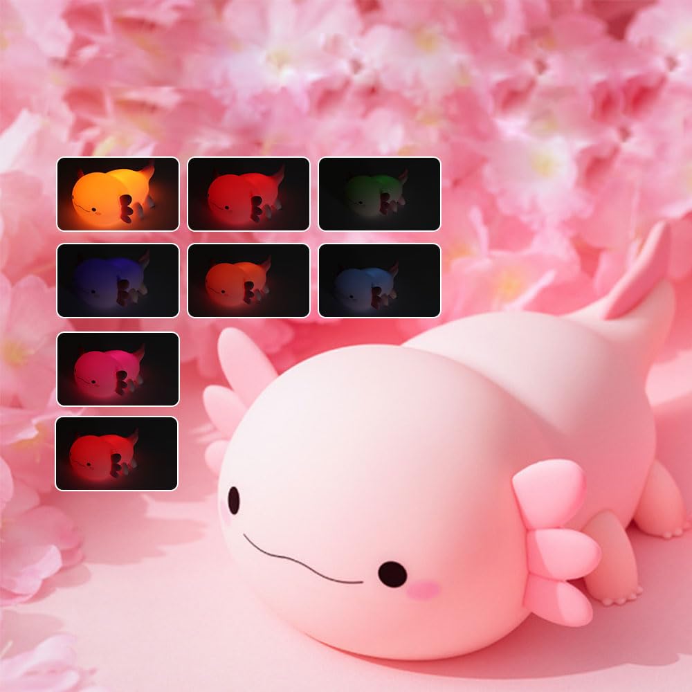 IFTHFOUR Axolotl Night Light - Cute Silicone Lamp, Rechargeable, Dimmable, Small, White, Model 1