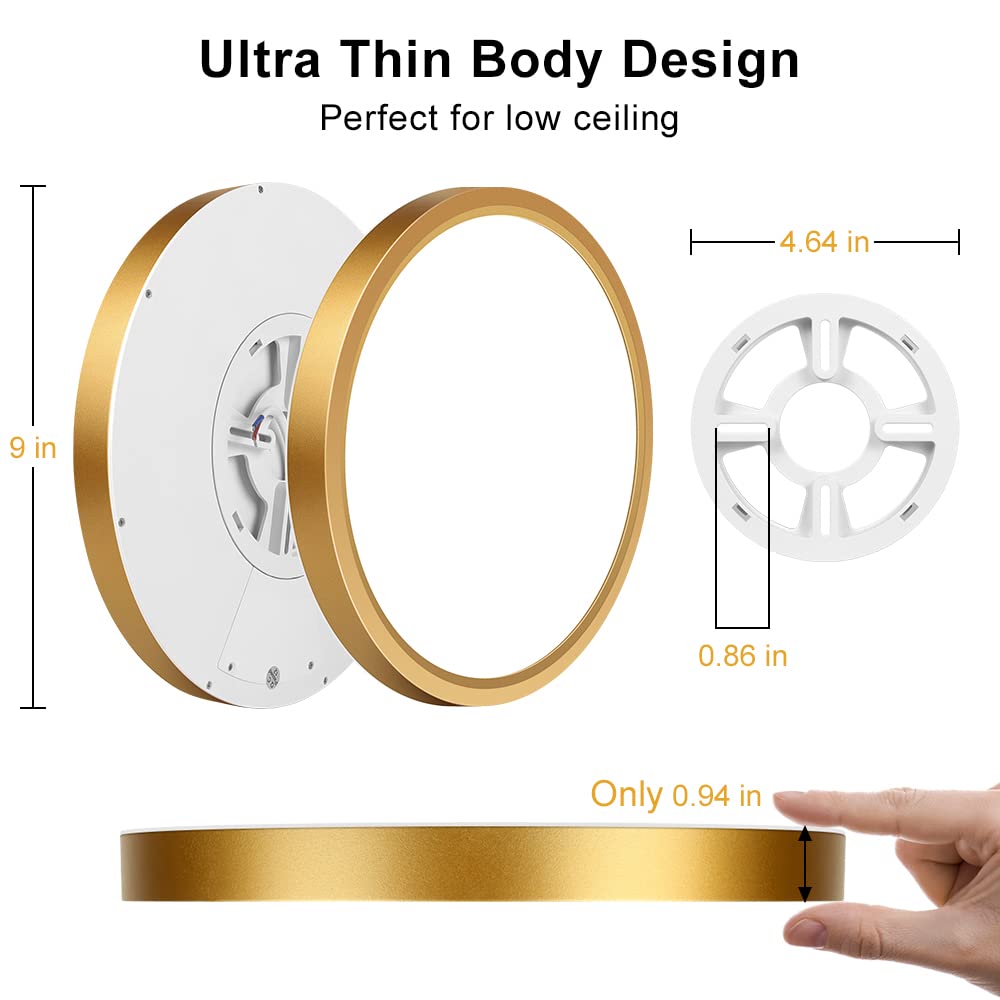 LEDLightsWorld 9 Inch Gold LED Flush Mount Ceiling Light, 18W 1800LM, Daylight White 5000K, Round Slim Fixture for Closets and Hallways