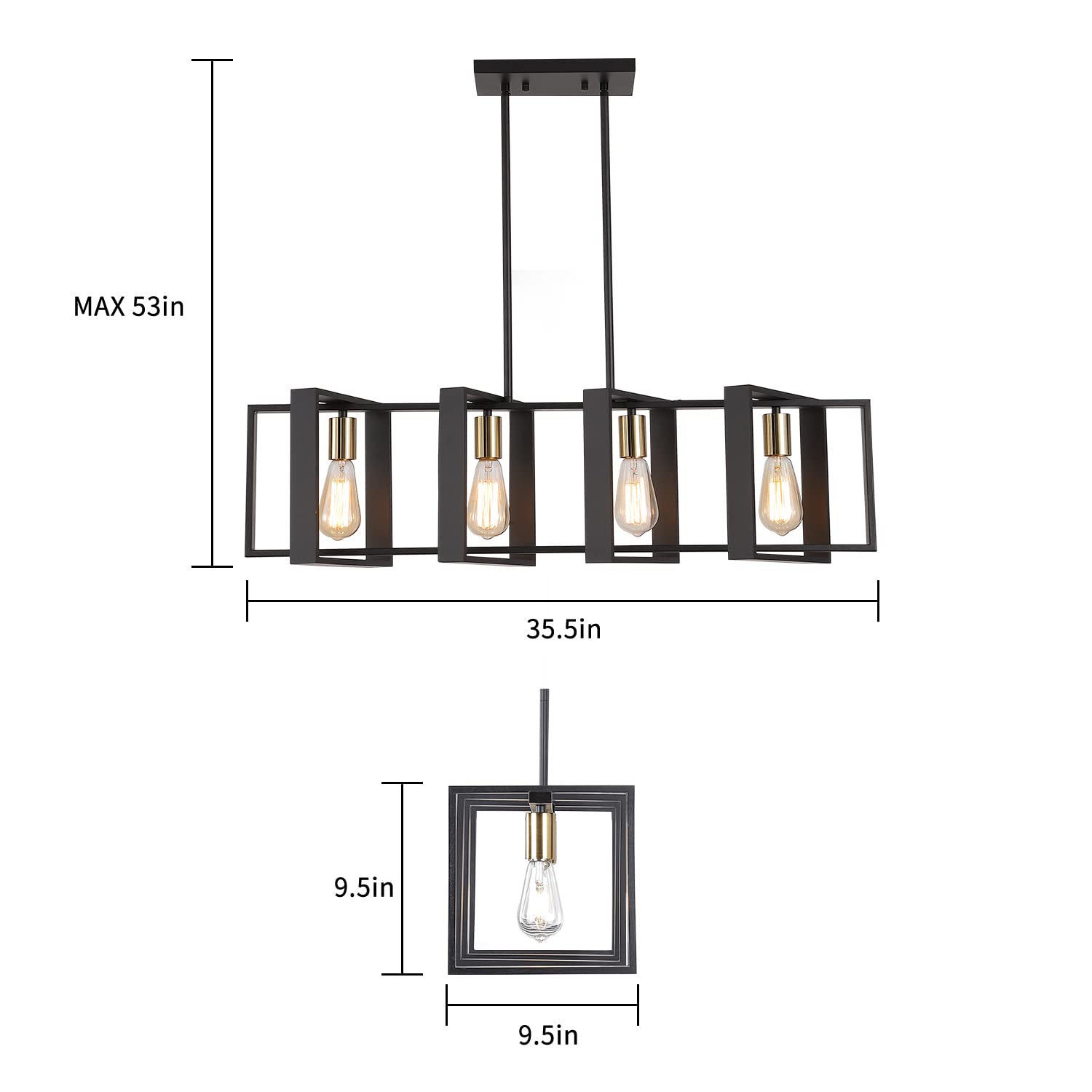 35.4'' Kitchen Island Lighting Fixture,Dining Room 4 Lights Chandeliers,Black Wood+Metal Pendant Light For Foyer Hallway Living