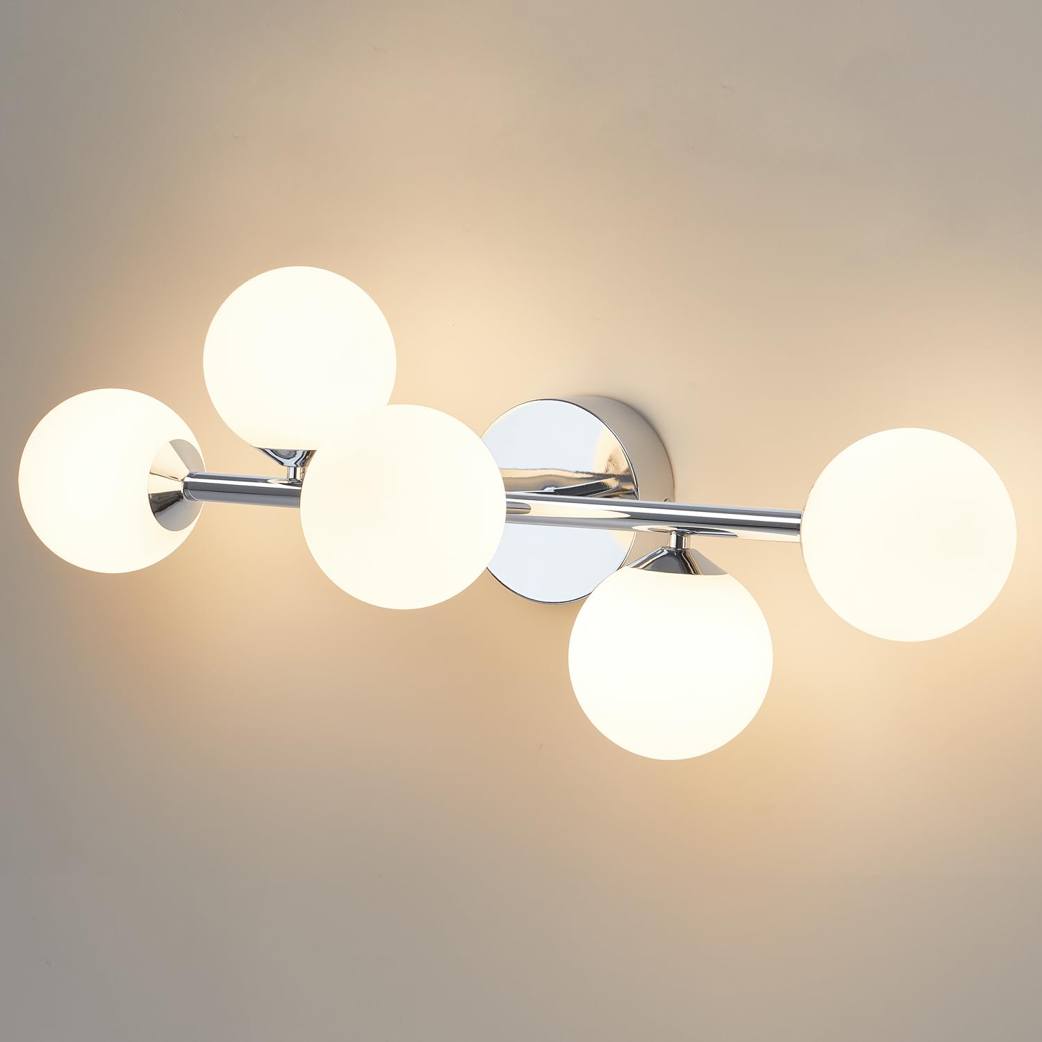Bathroom Vanity Lights, 5-Light Chrome Bathroom Light Fixtures, Mid Century Modern Dimmable Led Bathroom Lights Ceiling Light, Wall Sconces Wall Light Fixture With Frosted Milk Glass, Polished Chrome